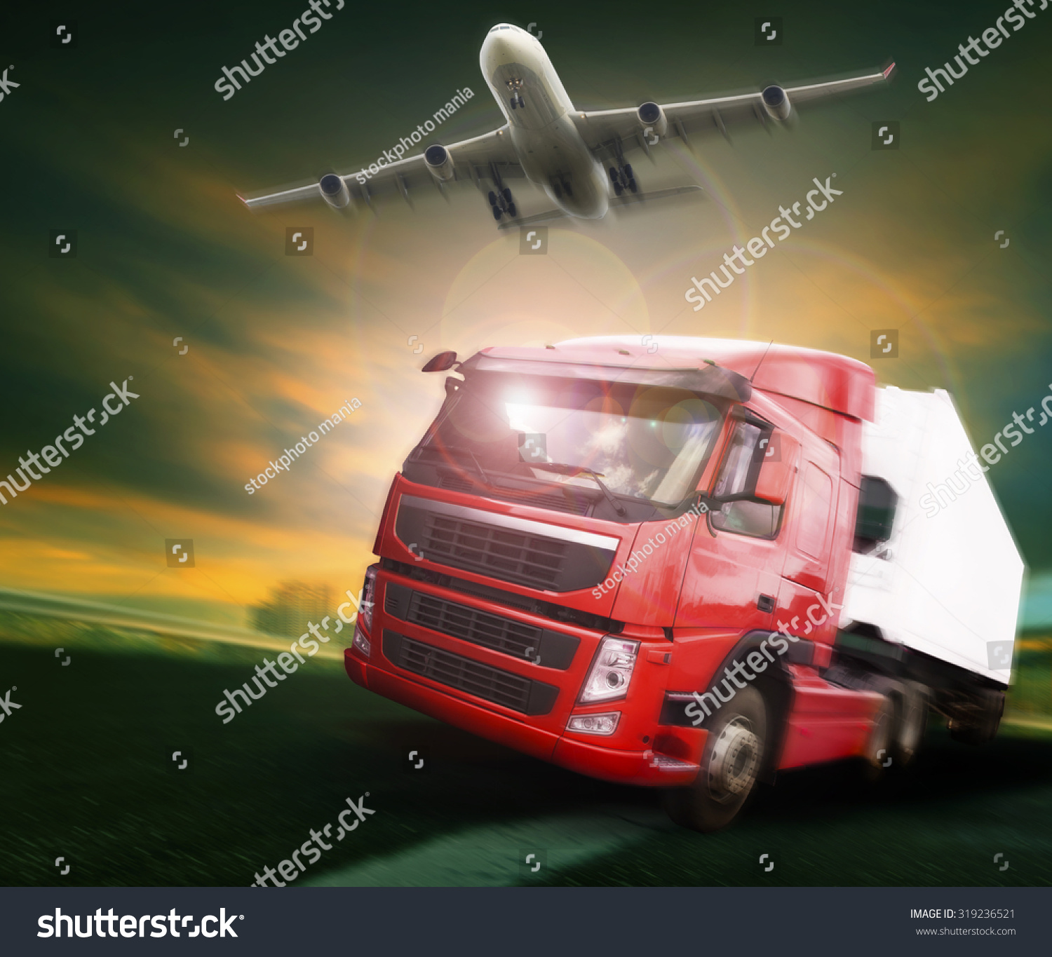 container truck and freight cargo plane flying above in land and air logistic transport industry container truck and freight cargo plane flying above in land and air logistic transport industry