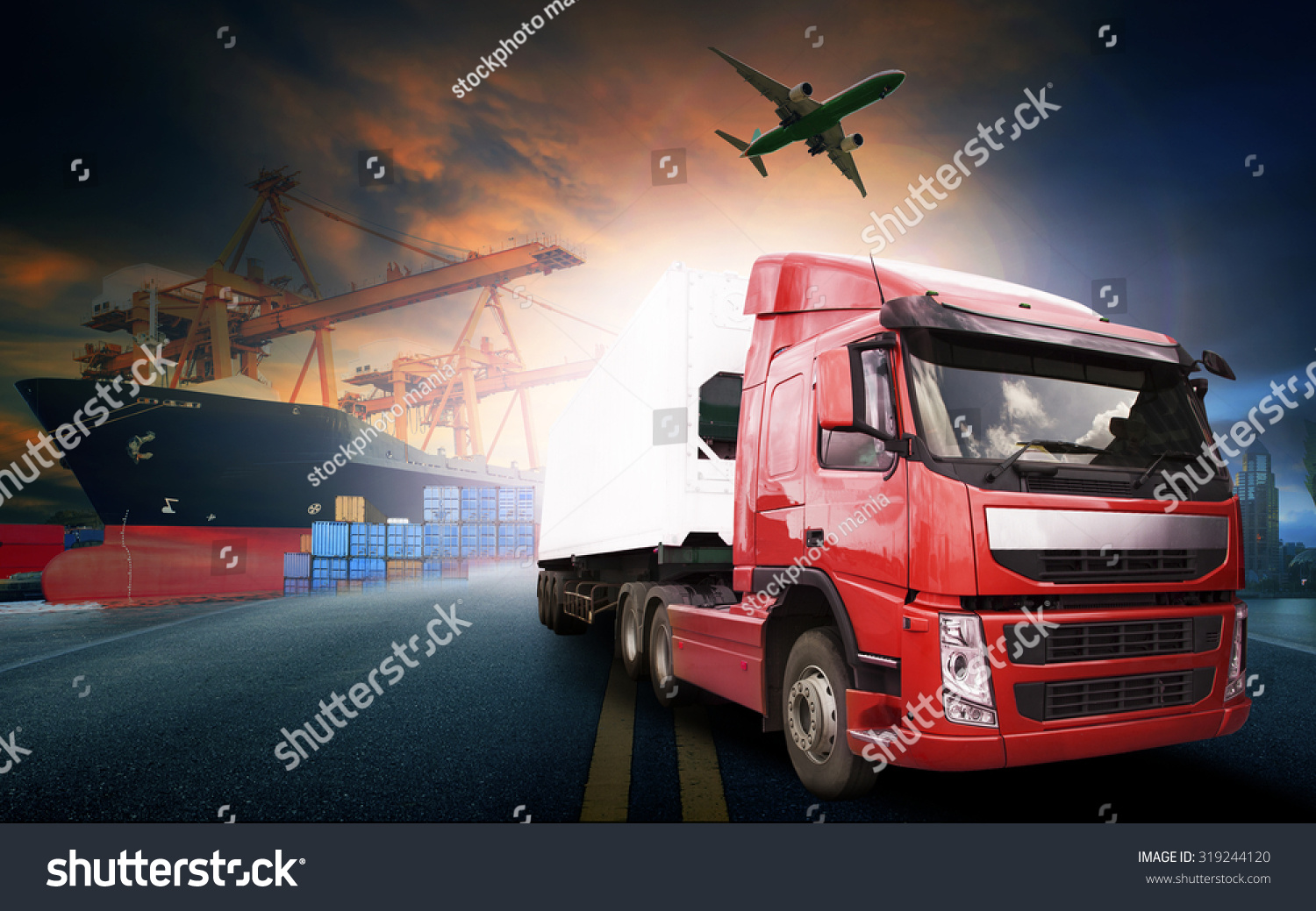 container truck ,ship in port and freight cargo plane in transport and