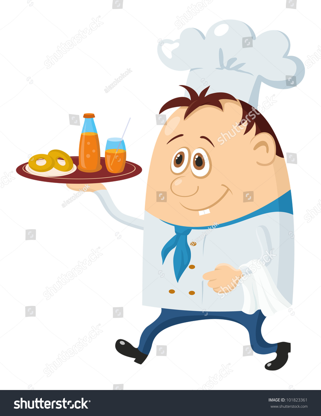 Cook, Cartoon Chef With Drinks On Plate Isolated Over A White