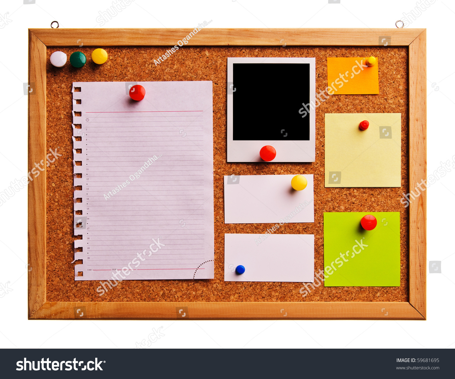 Cork Bulletin Board With Notes, Business Cards And Instant Photo Cards ...