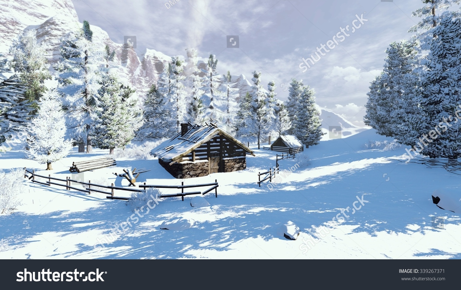 Cozy Little Cabin And Snowy Spruces High In Mountains At Sunny Winter