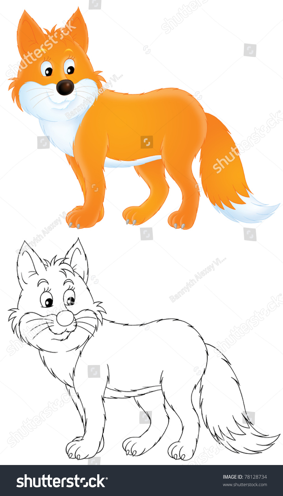 Crafty Red Fox Isolated Color Drawing And Black And White Outline For
