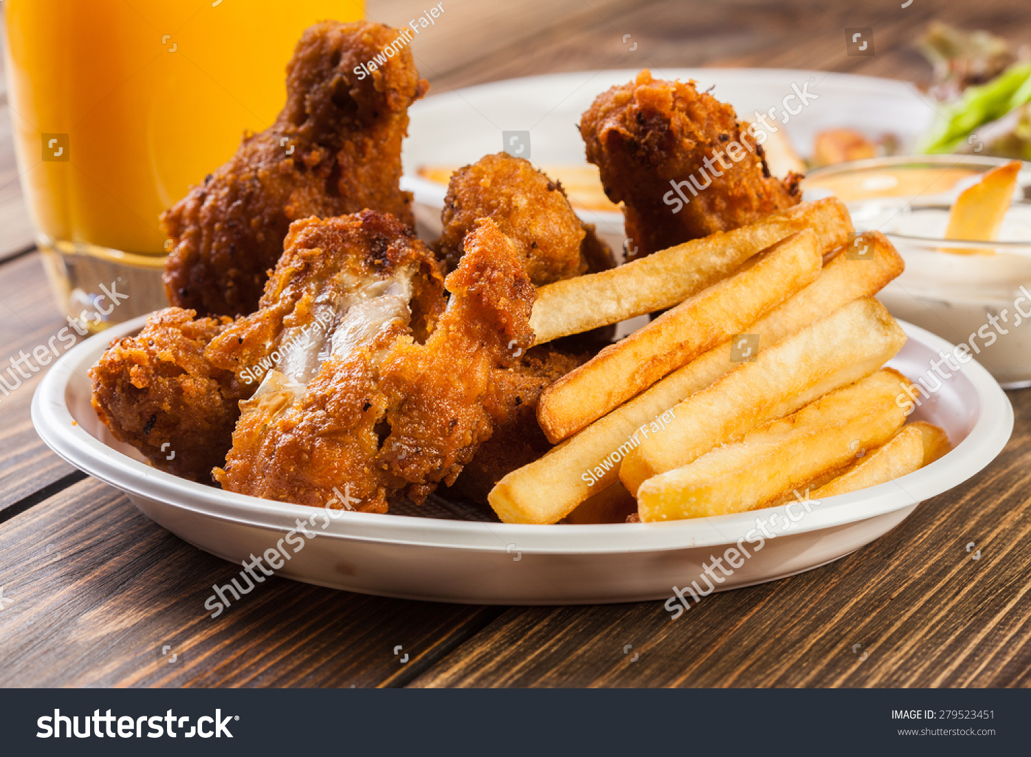 Grilled Chicken Wings, Chips and Vegetables Stock Image Image of