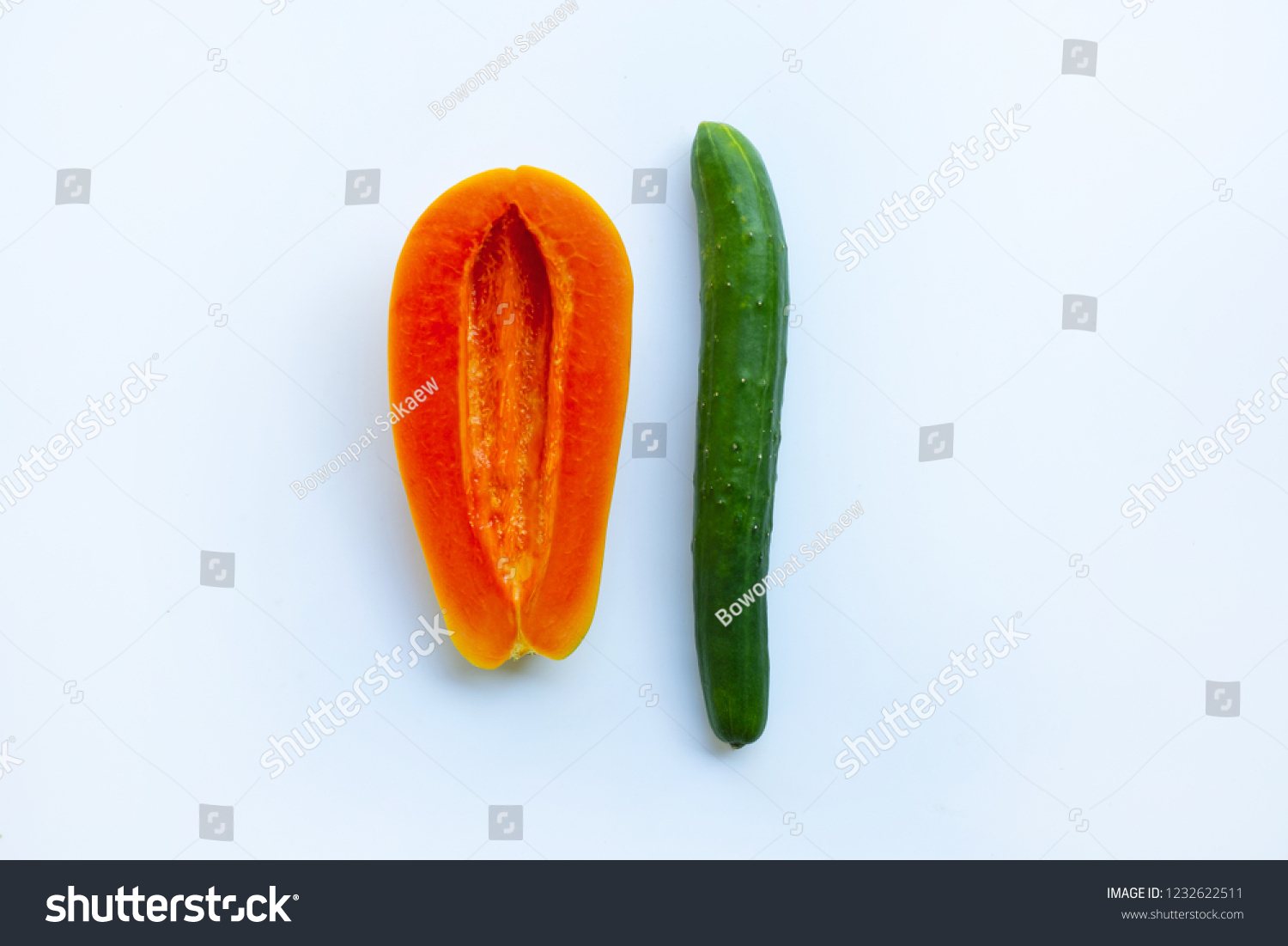 Cucumber Papaya On White Background Sex Stock Photo