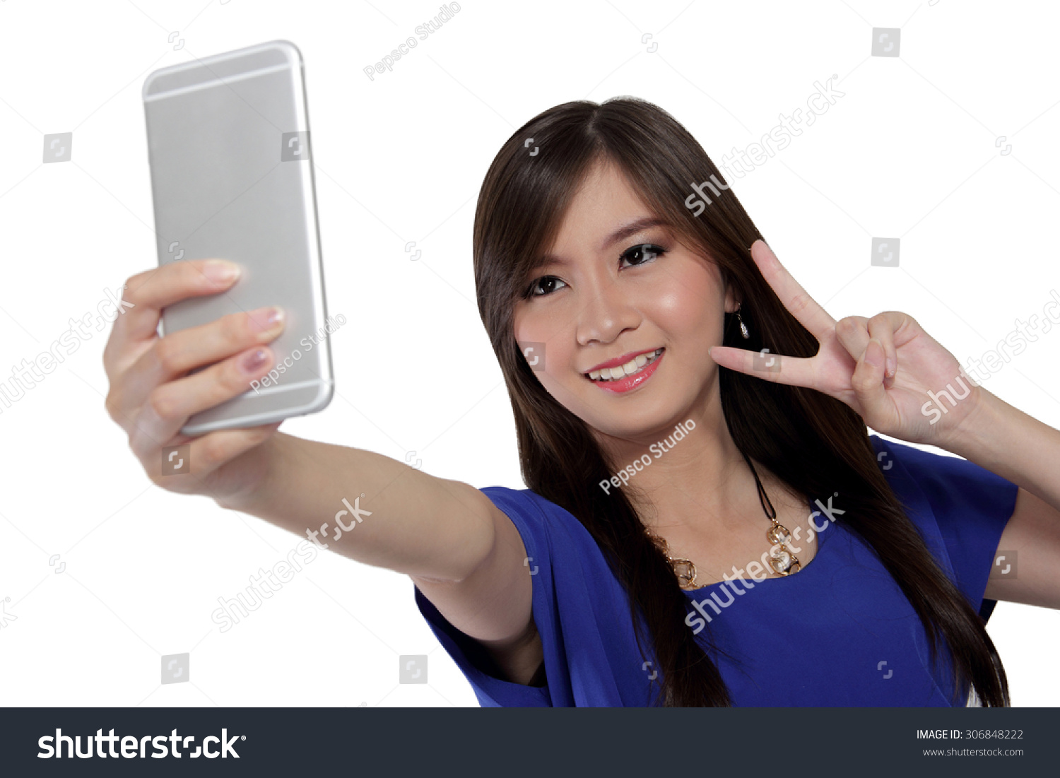 Cute Asian Girl Smile And Make Victory Sign While Taking A Self Shot Photo With Her Smartphone 3222