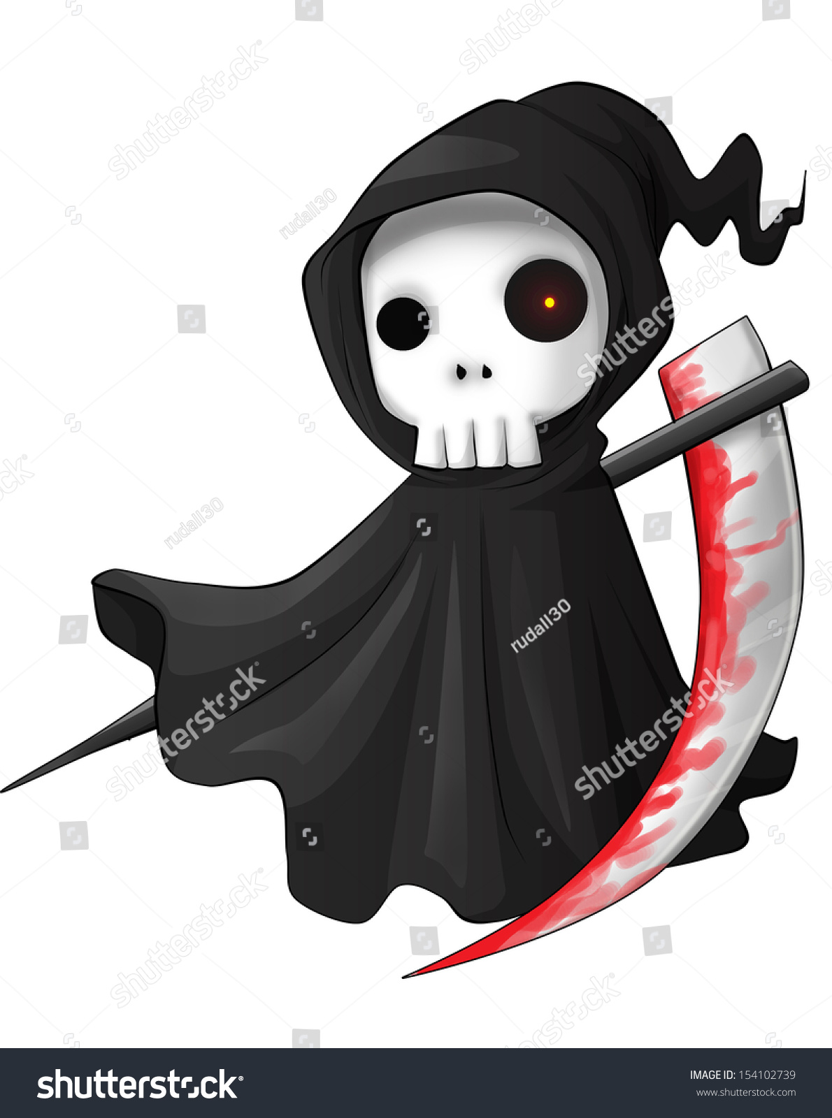 Cute Cartoon Grim Reaper With Scythe Isolated On White