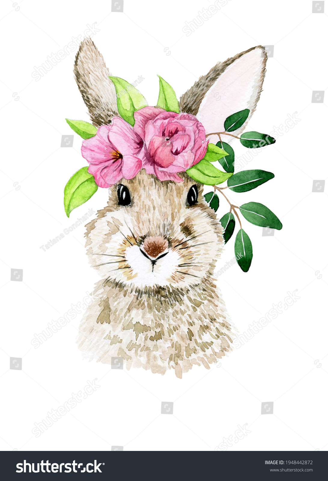 Cute Watercolor Illustration Easter Bunny Realistic Stock Illustration