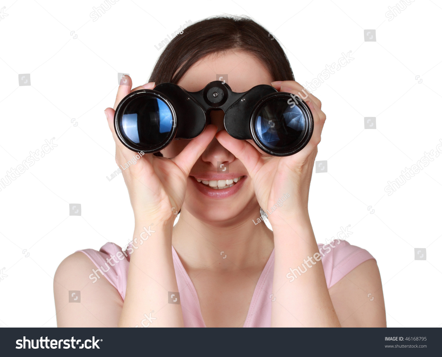 Cute Woman Holding Binoculars White Background Stock Photo 46168795