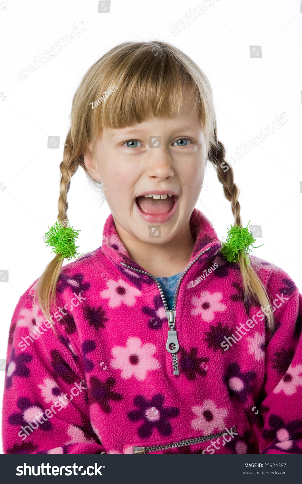 Cute Young Girl In Pigtails Against White Stock Photo 25