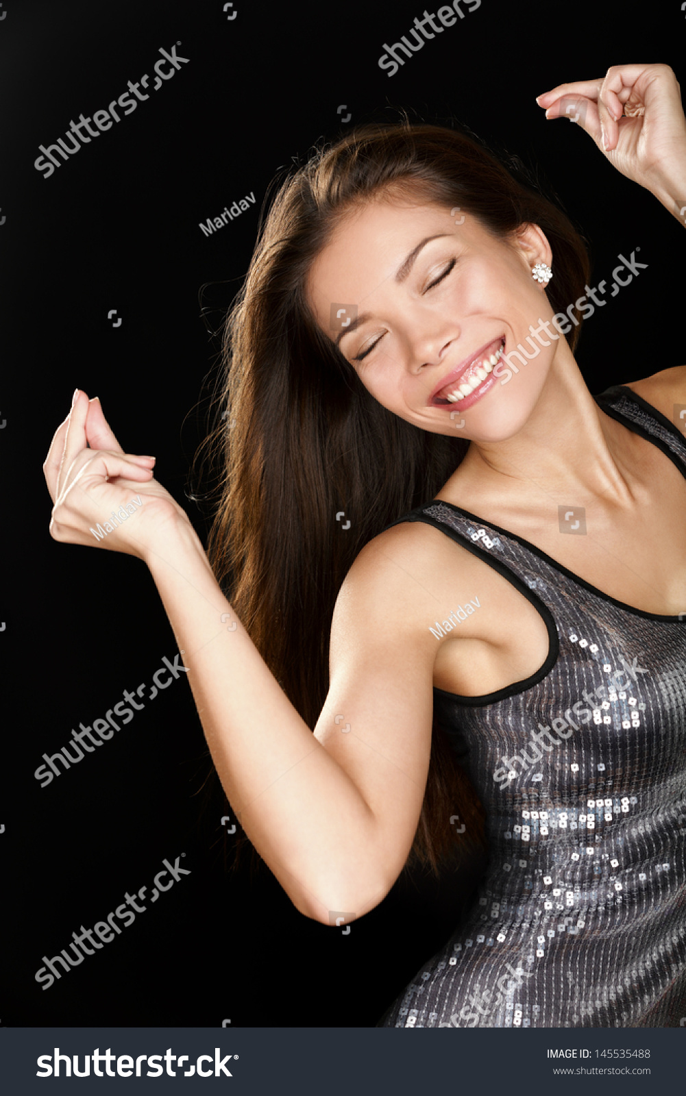 Dancing Party Woman In Sexy Dress Having Fun Dance Smiling Happy On