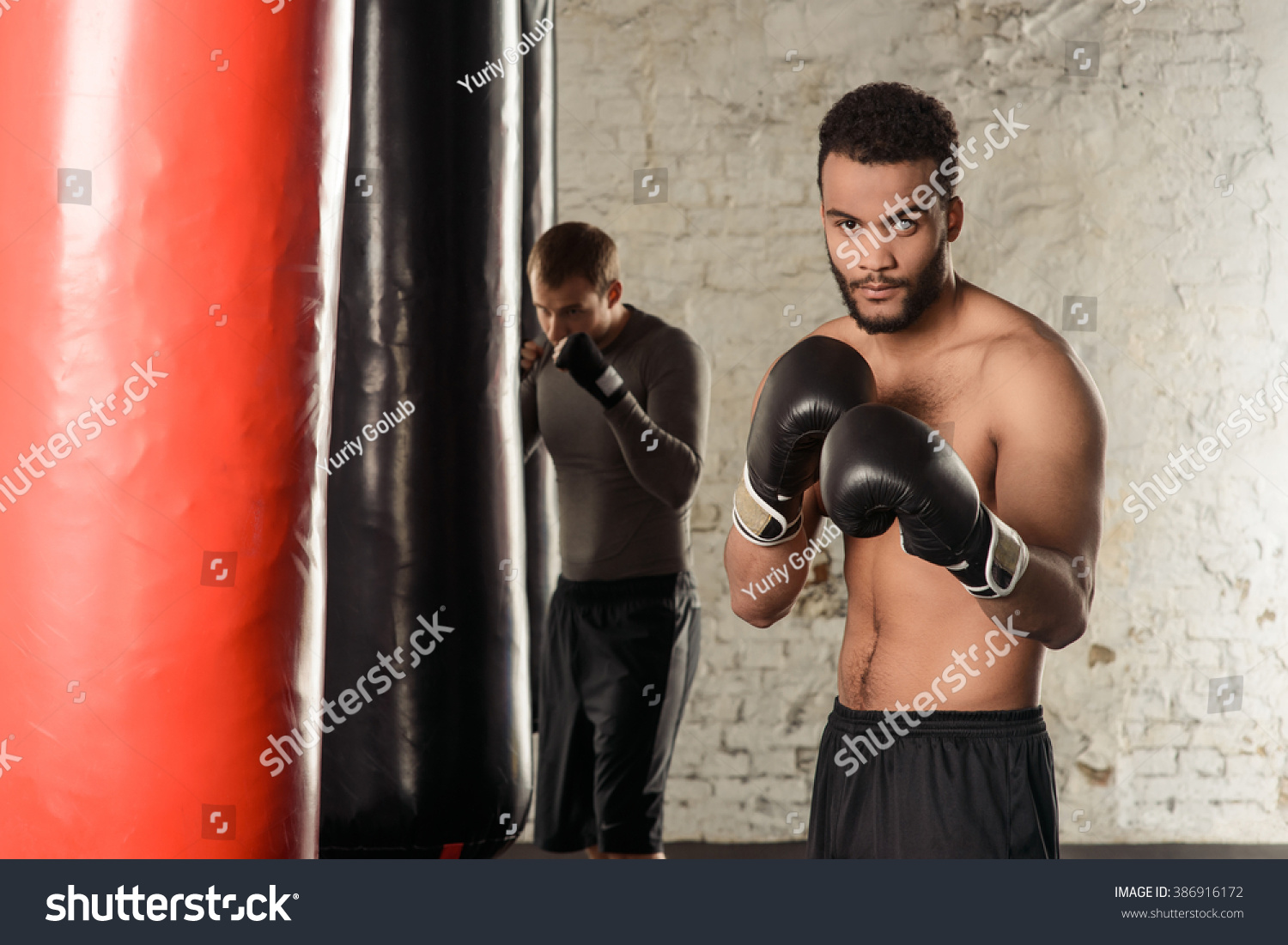 Darkskinned Guy Naked Torso Boxing Gloves Stock Photo