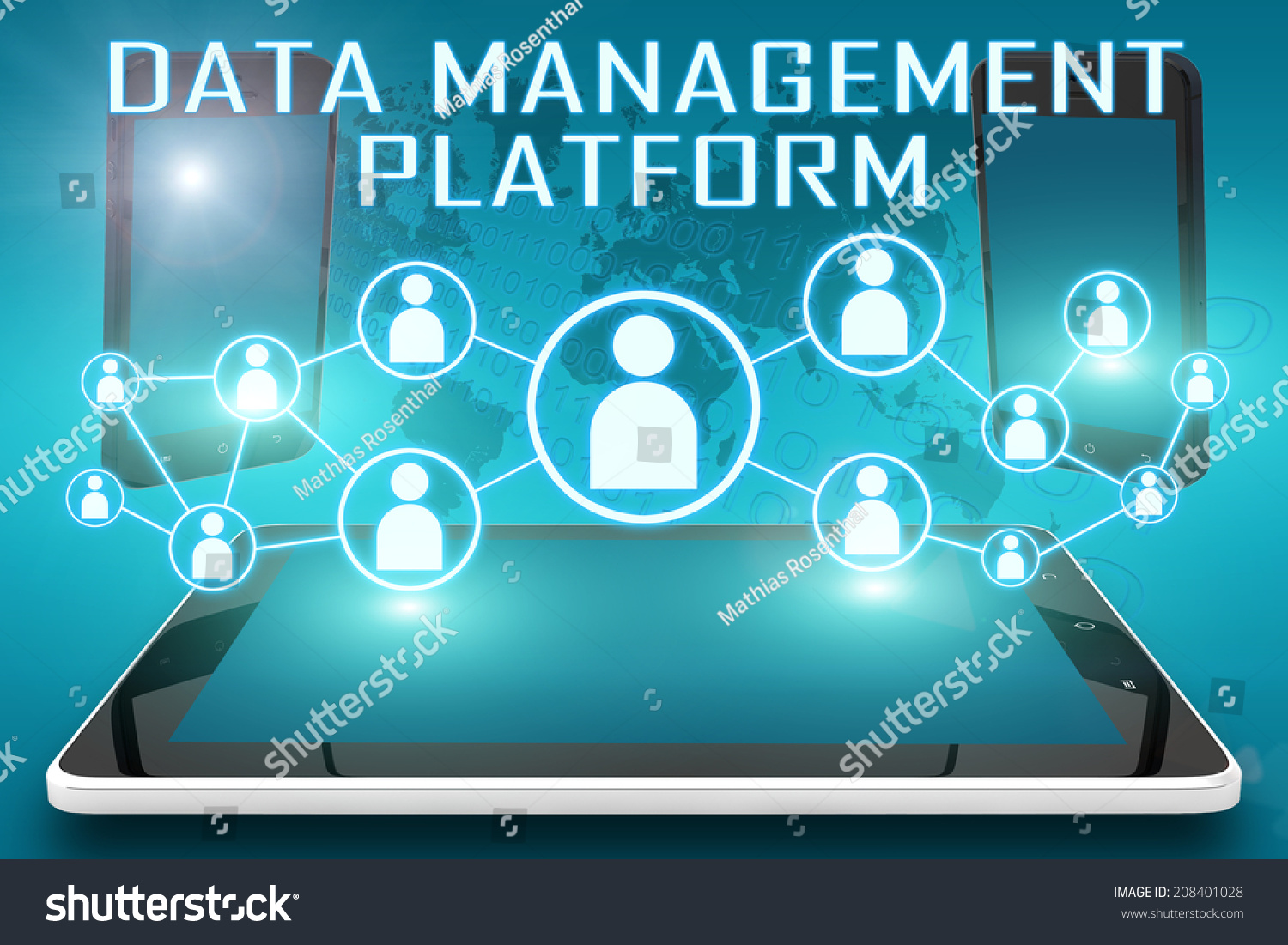 Data Management Platform Text Illustration With Social Icons And Tablet Computer And Mobile