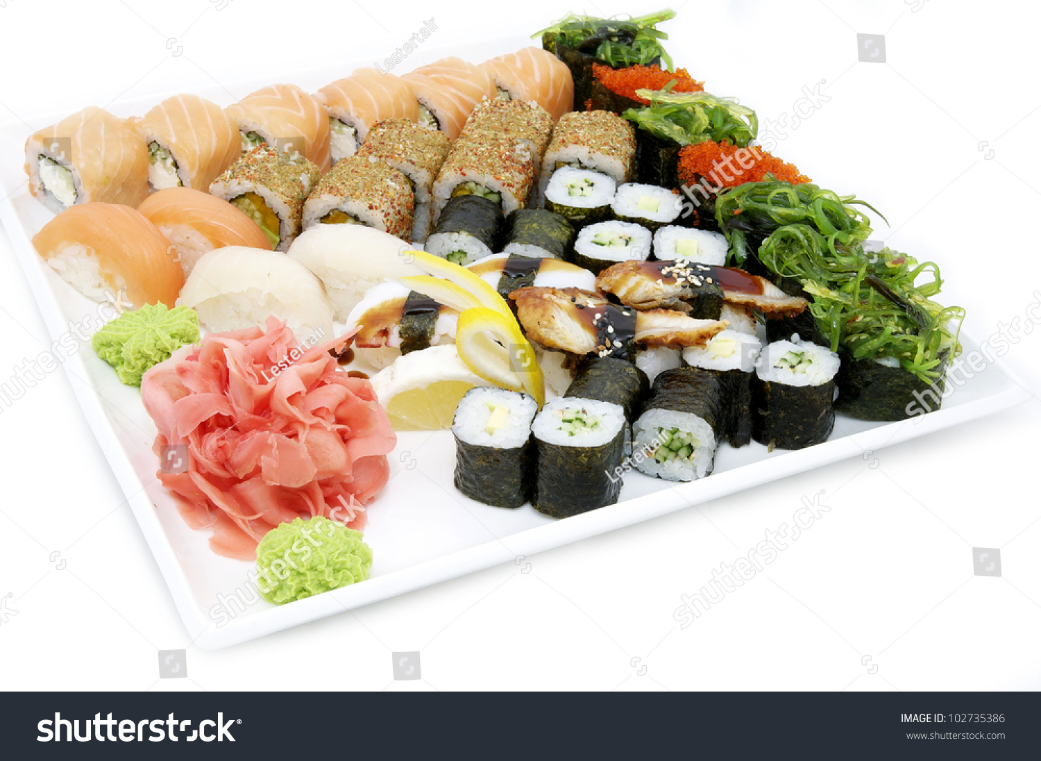 Delicious Seafood Sushi At A Japanese Restaurant Stock Photo 102735386