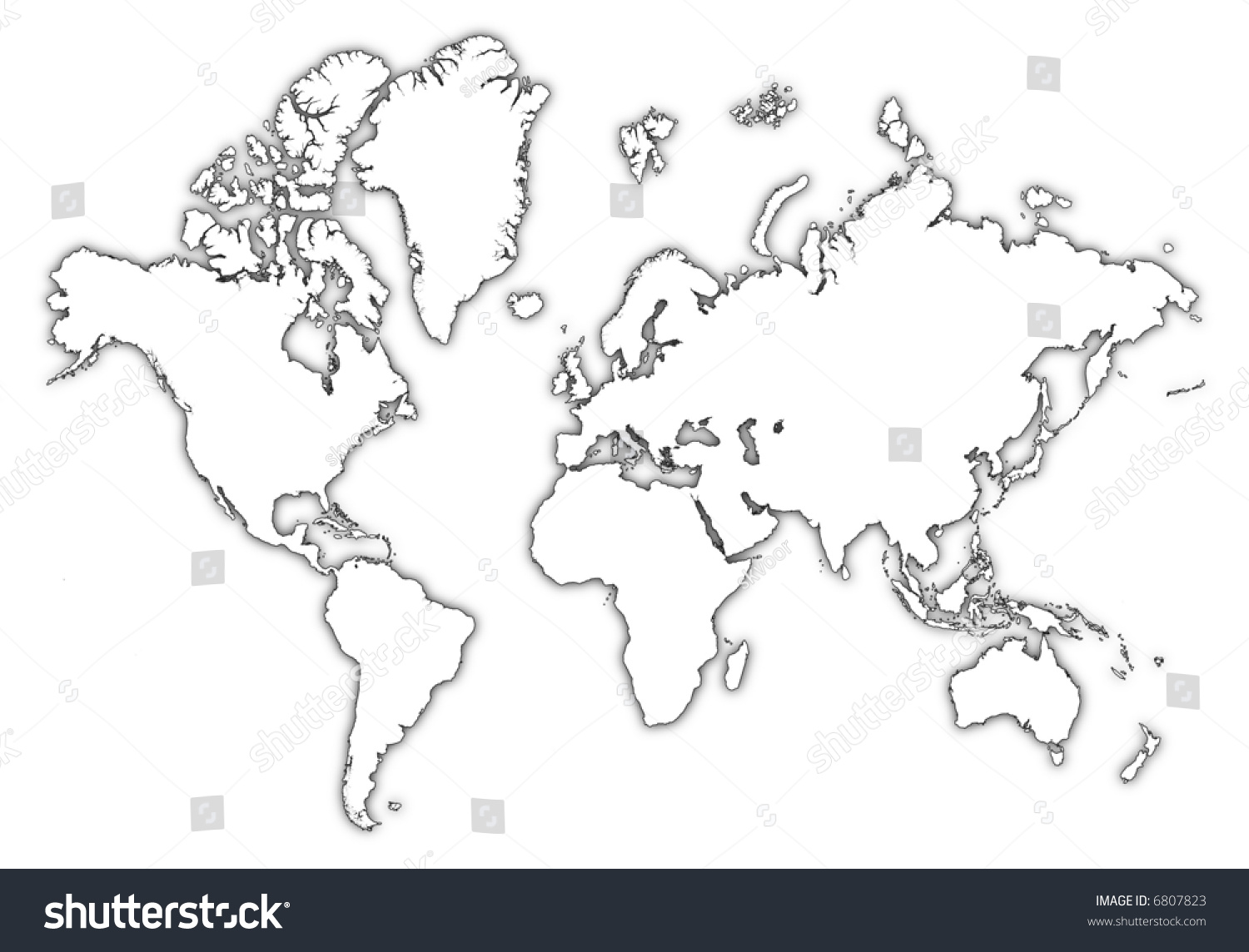 Detailed B/W Outline Map Of The World With Shadow. Stock Photo 6807823 ...