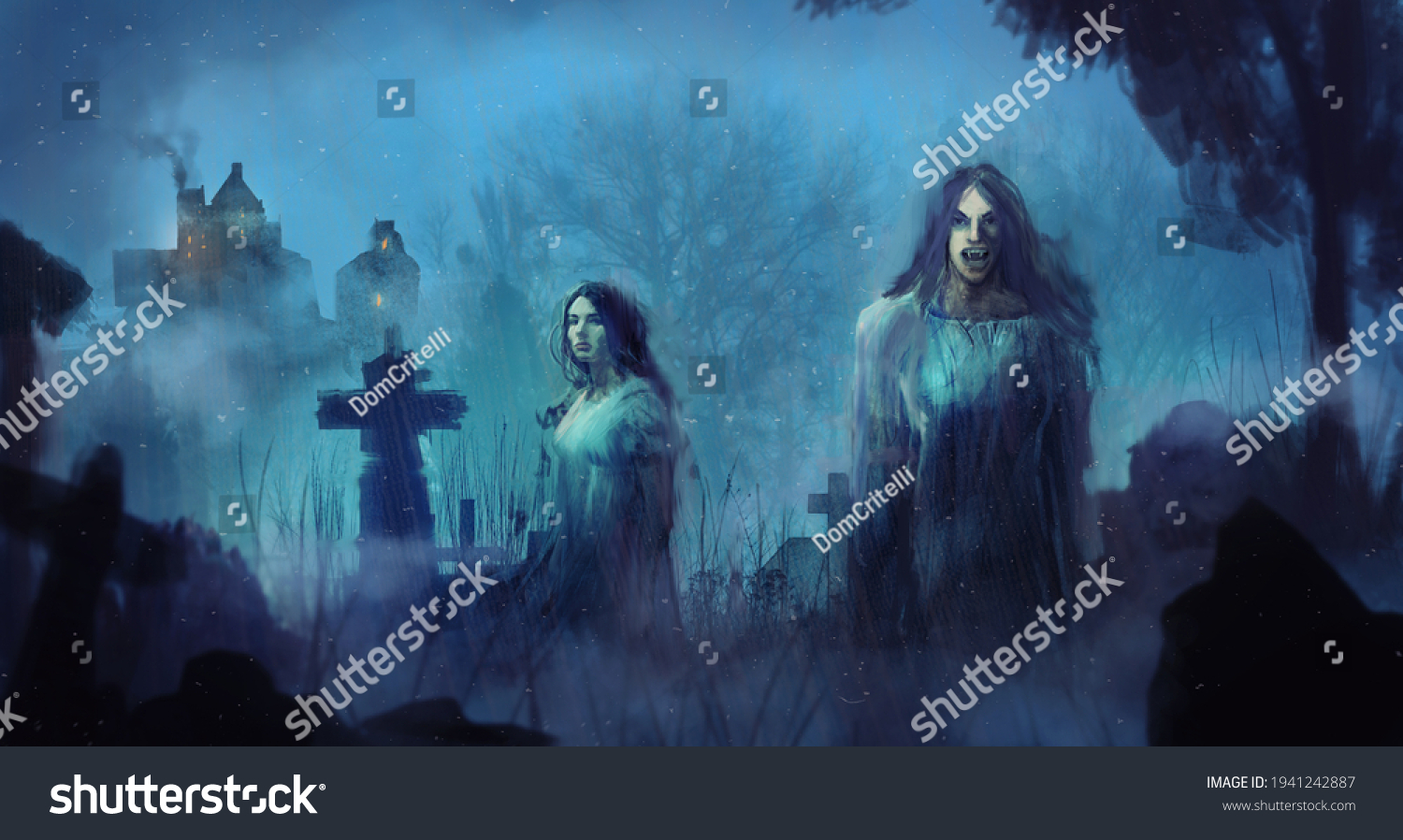 Digital Painting Pair Scary Gothic Vampires Stock Illustration