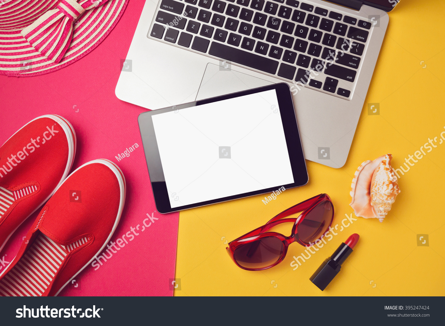 Digital Tablet Mock Up Template For Summer Holiday Vacation View From Above Flat Lay Stock Digital Mock Up Templates