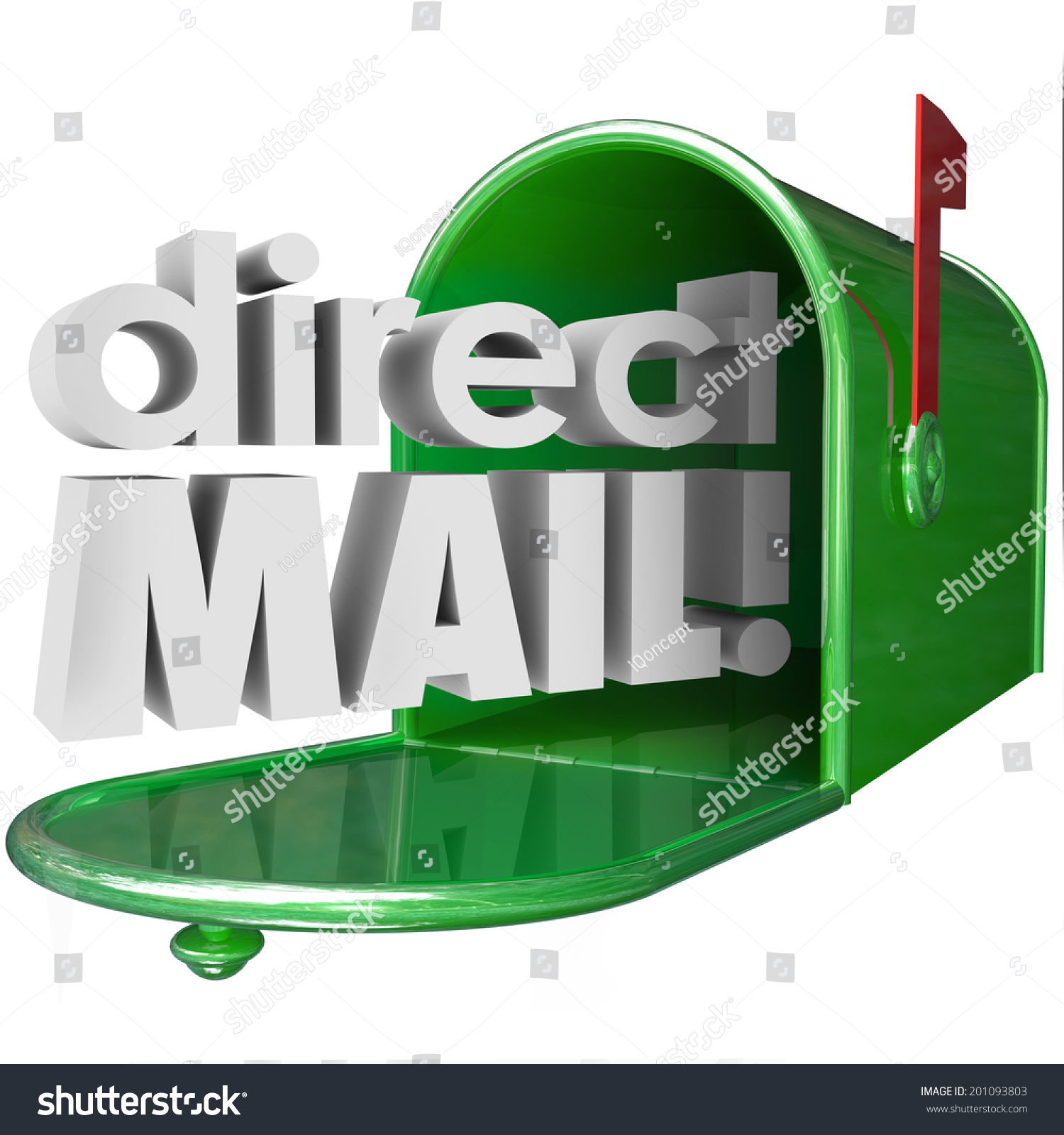 Direct Mail Words In 3d Letters Coming Out Of A Green Metal Mailbox