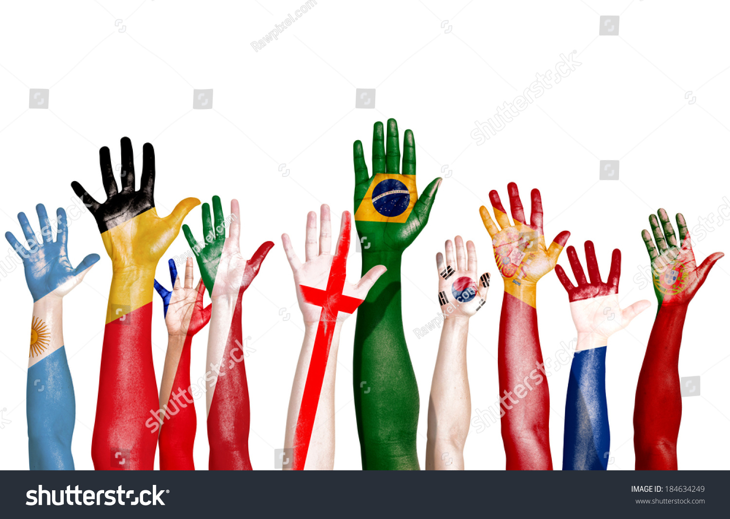 Group Of Diverse Flag Painted Hands Raised Group Of Diverse Flag Painted Hands Raised