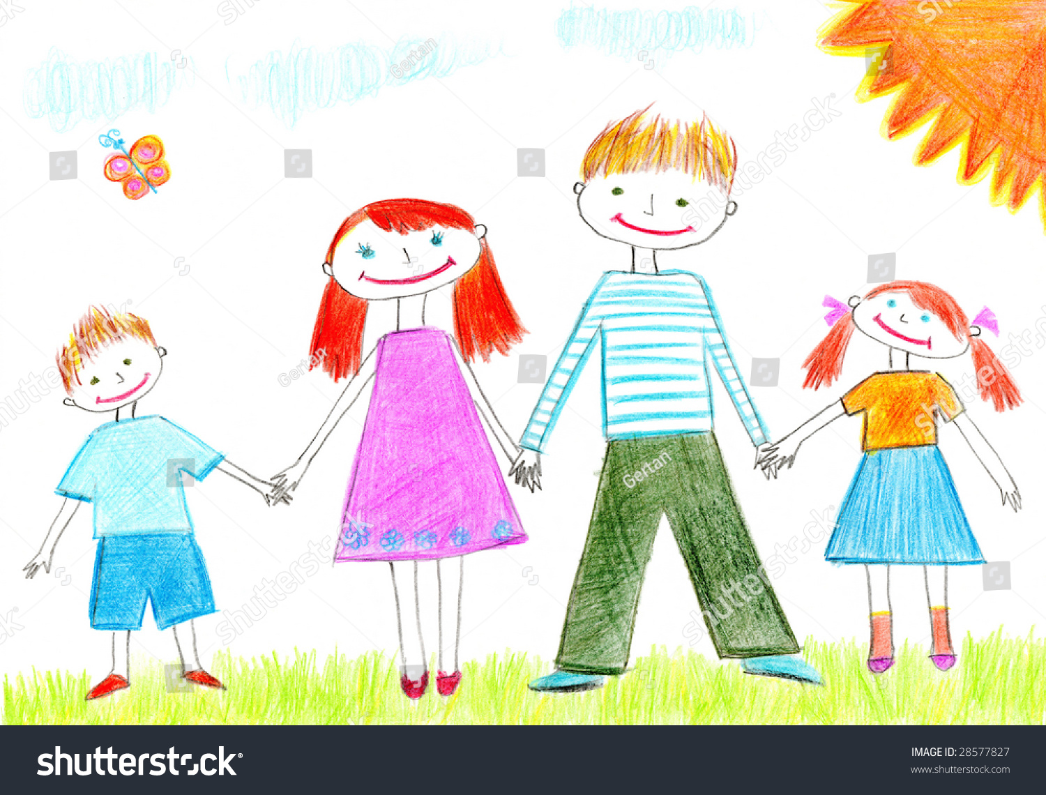 Sketch cartoon happy family standing together. Cute doodle 