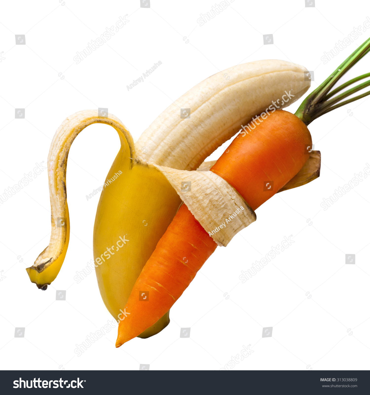 Duet Bananas And Carrots. Isolated On White Background Stock Photo