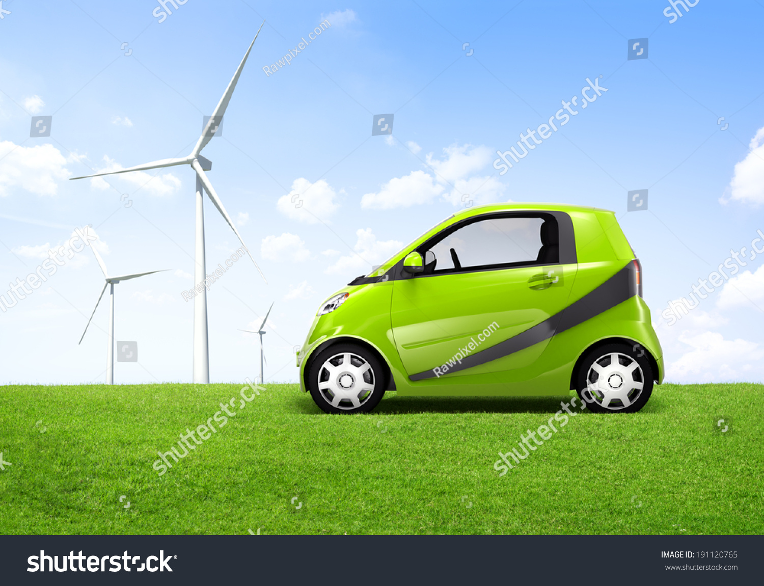 Electric Green Car In The Outdoor With A View Of Windmill Behind It 