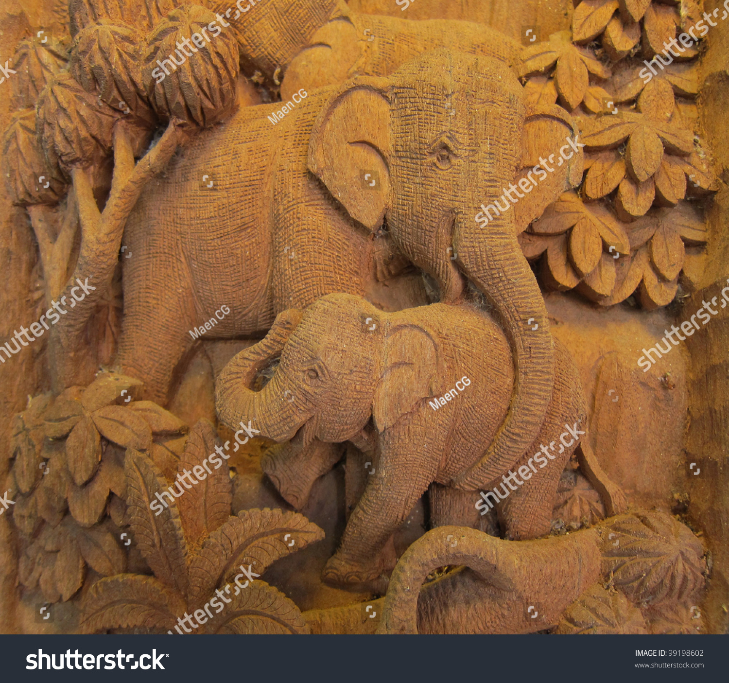 Elephant forest high relief carving sculpture stock photo Elephant forest high relief carving sculpture stock photo