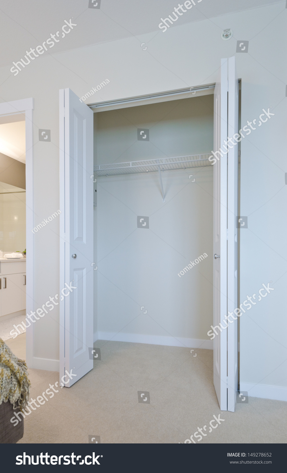 Empty Closet, Working Closet, Cupboard In Bedroom. Stock Photo