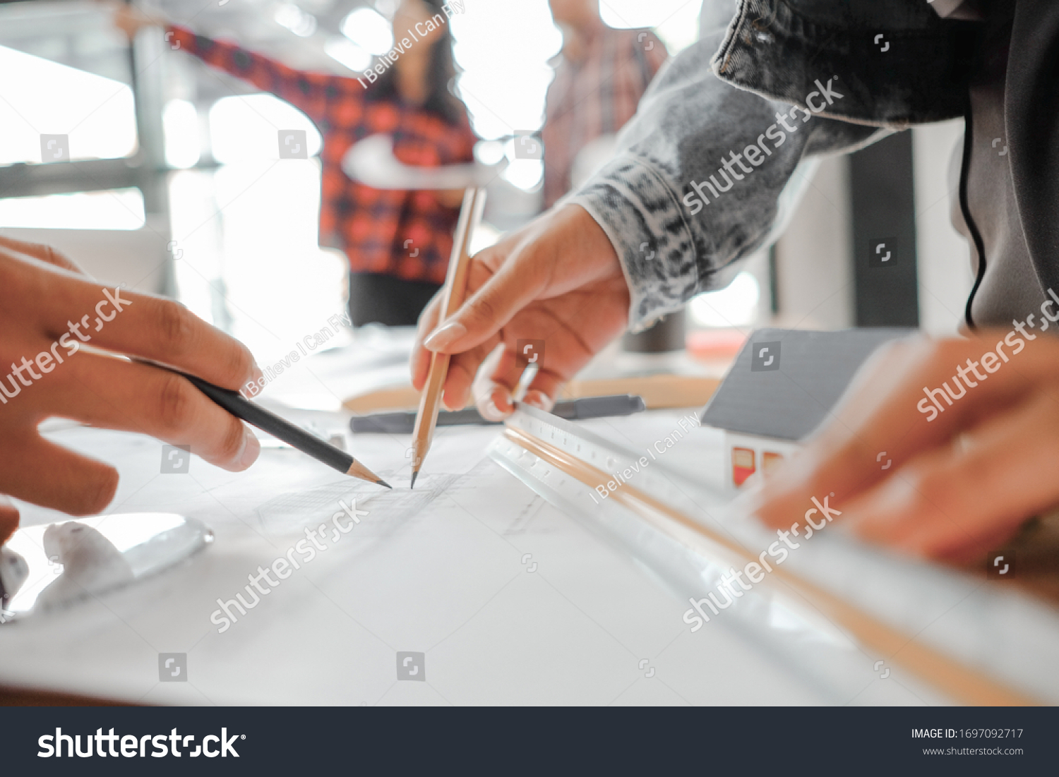 Engineers Pointing Building On Blueprint Drawing Stock Photo Edit Now