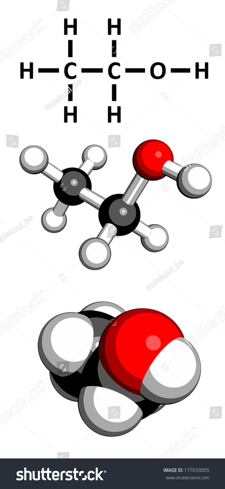 Ethanol (Alcohol) Molecule. Three Representations 2d Skeletal Formula