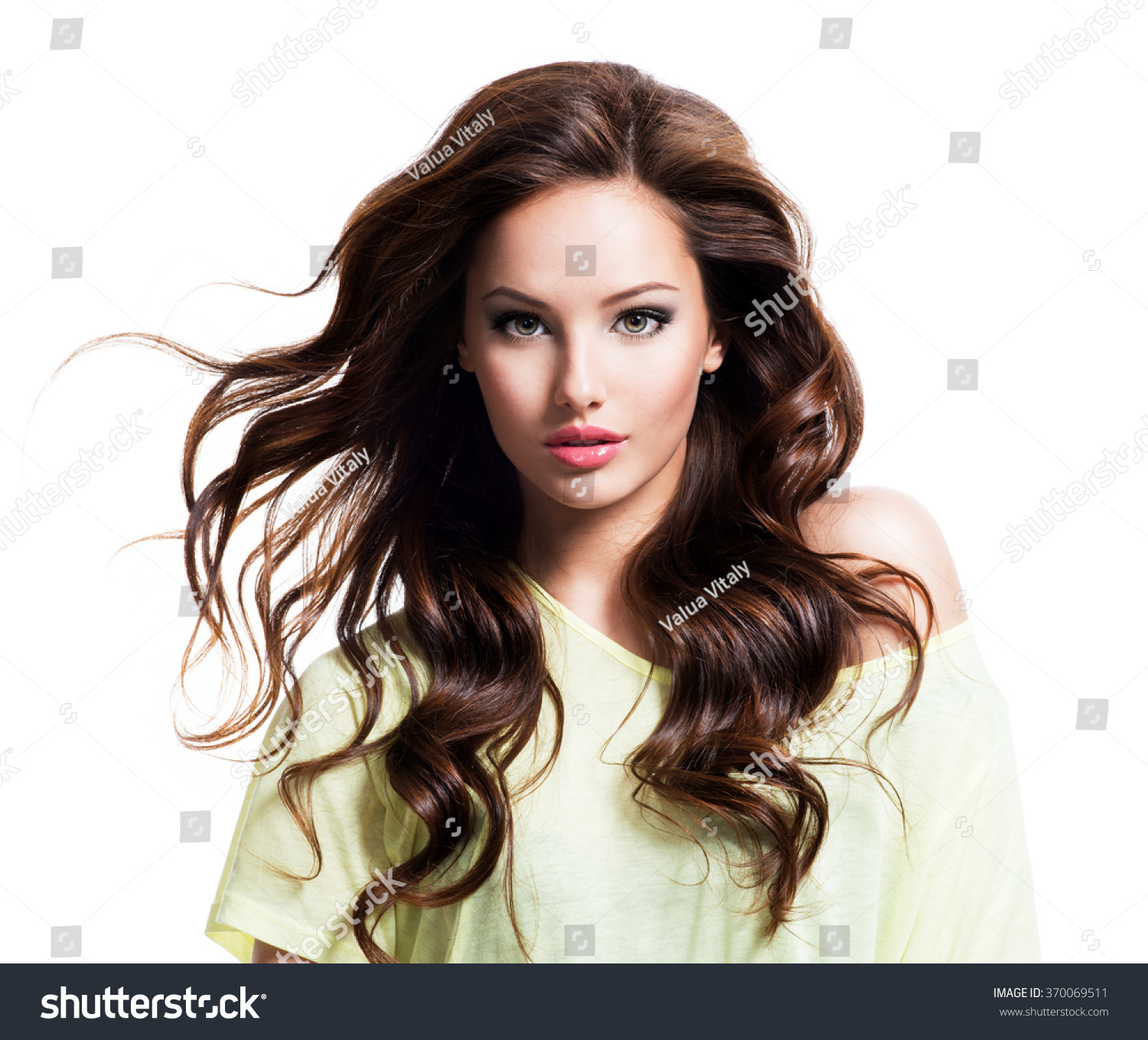 Face Of The Sensuality Beautiful Woman With Long Brown Curly Hair In