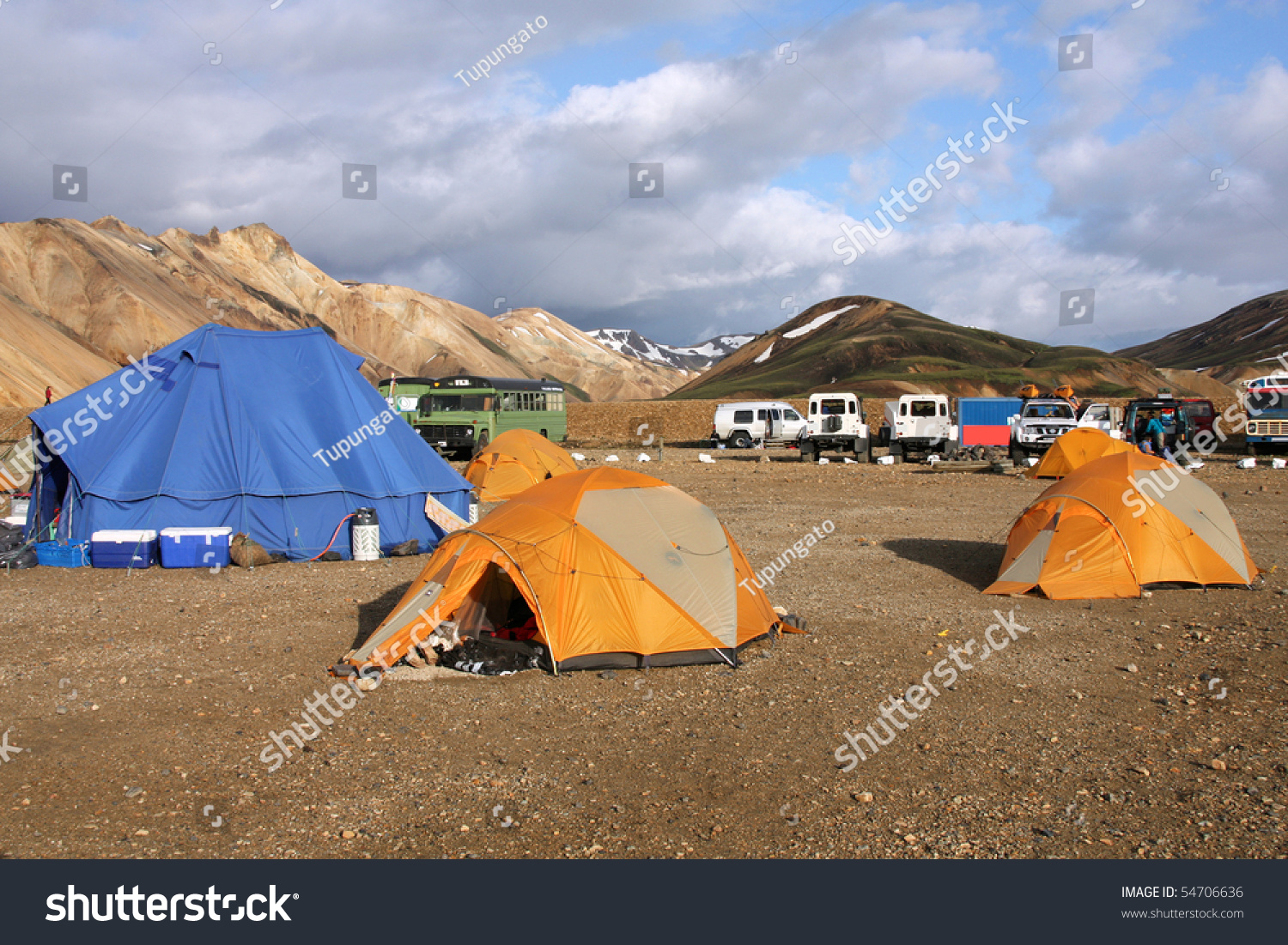 Famous Campground In Landmannalaugar Mountain Area In Iceland