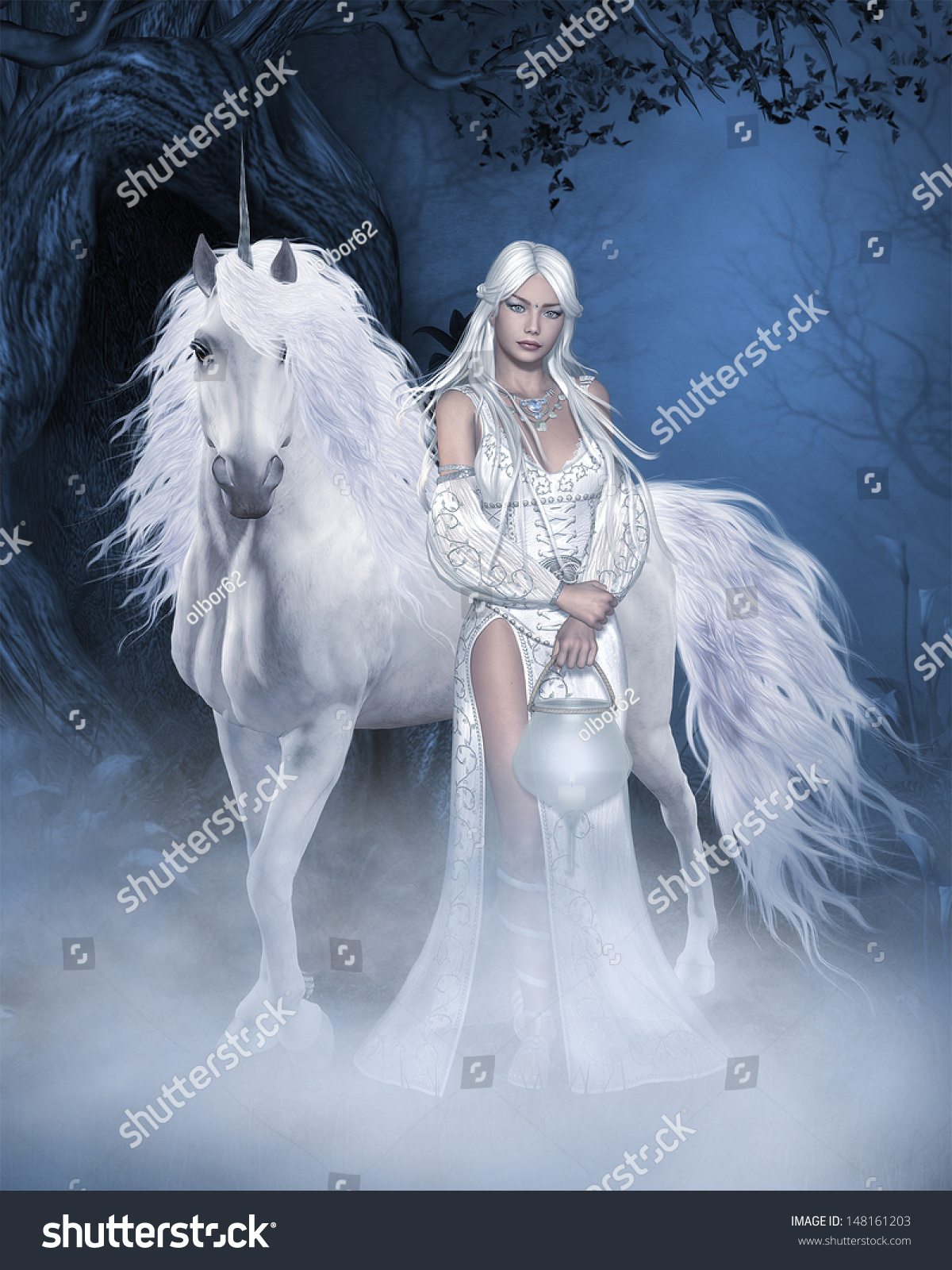 Fantasy Scene White Unicorn Beautiful Fairy Stock