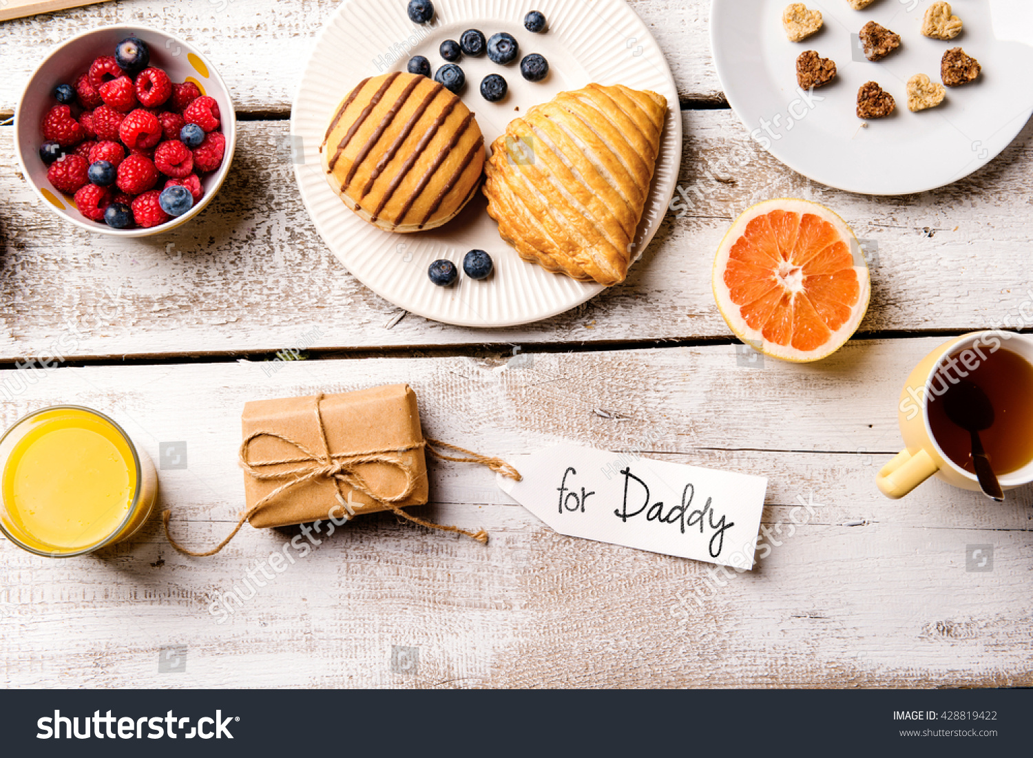 Fathers day composition Breakfast meal Gift with For Daddy tag Fathers day composition Breakfast meal Gift with For Daddy tag