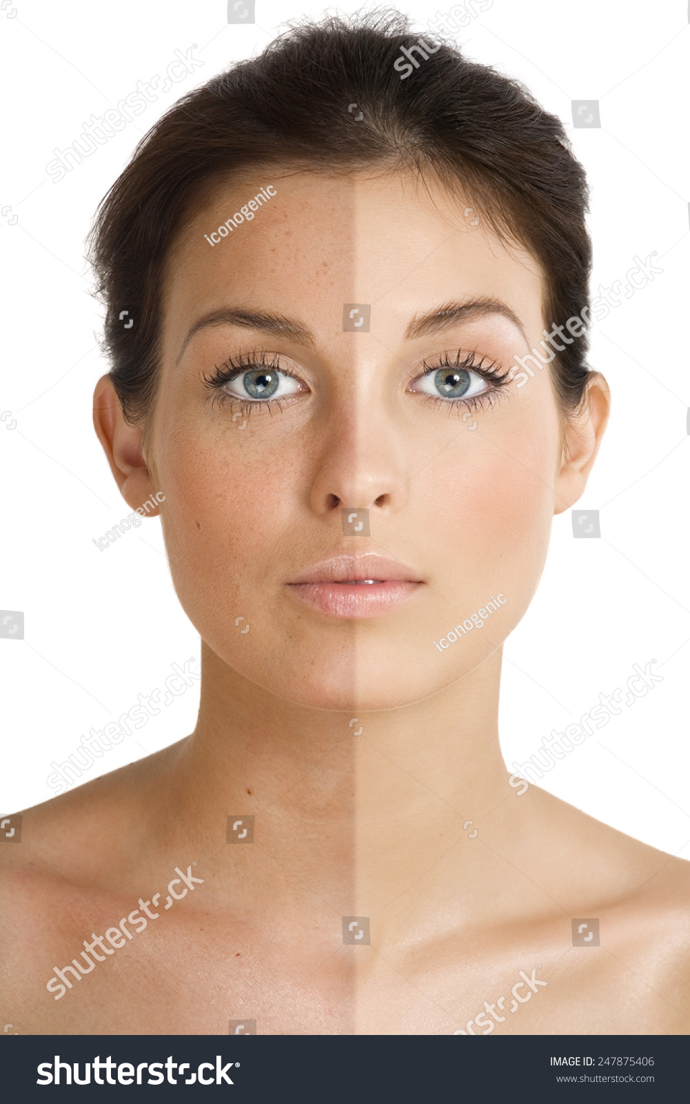 Female face <b>divided into</b> two parts one healthy and one UV damaged. - stock-photo-female-face-divided-into-two-parts-one-healthy-and-one-uv-damaged-247875406