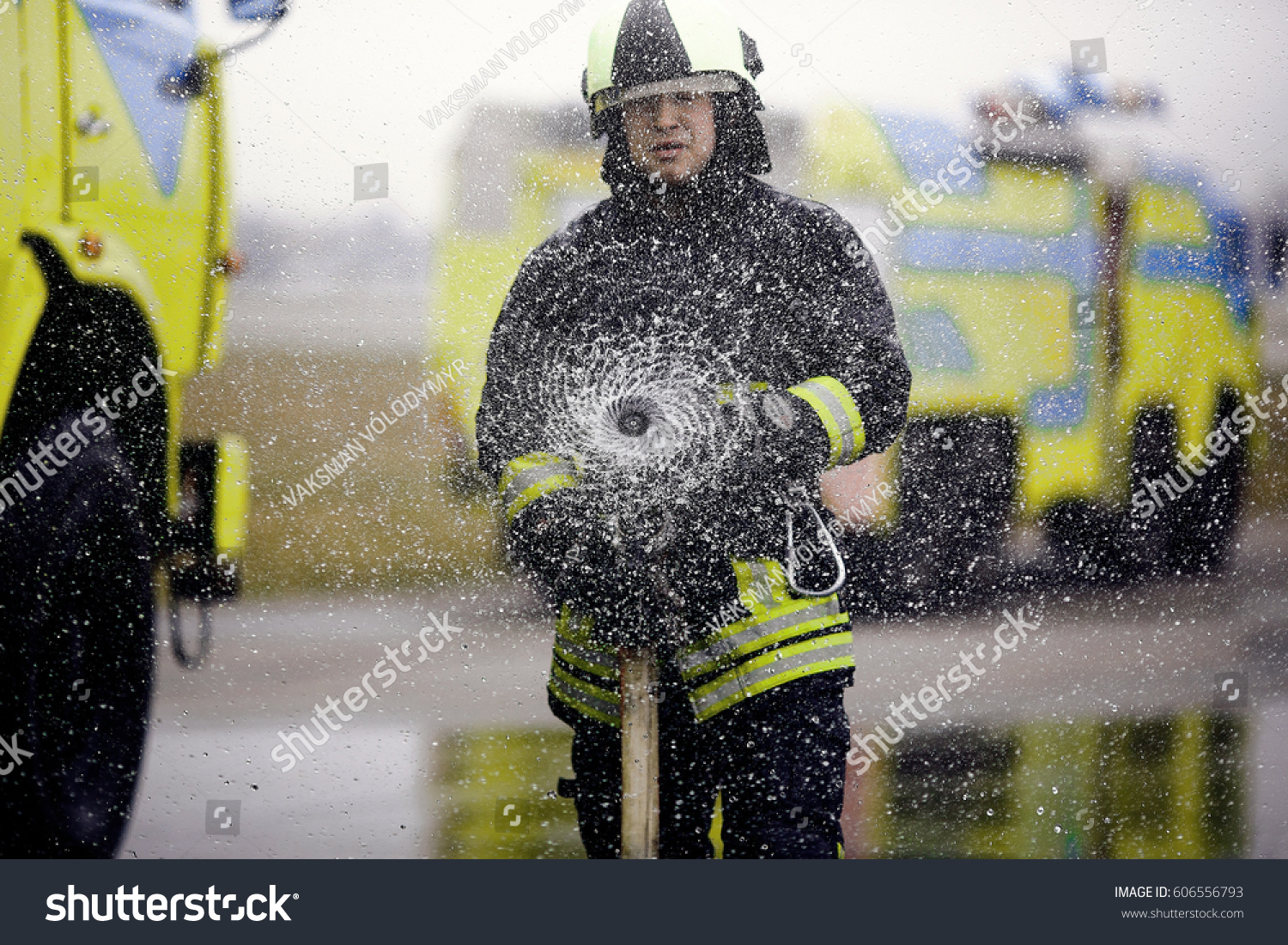 Fireman Drills Water Spill Combustion Zone Stock Photo