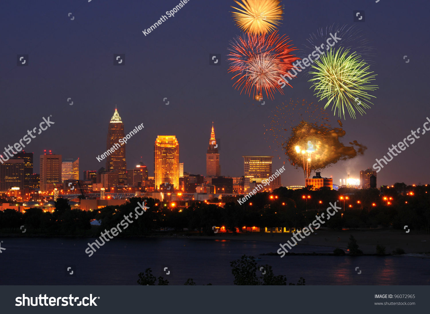 Fireworks Burst Over Downtown Cleveland, Ohio Stock Photo 96072965