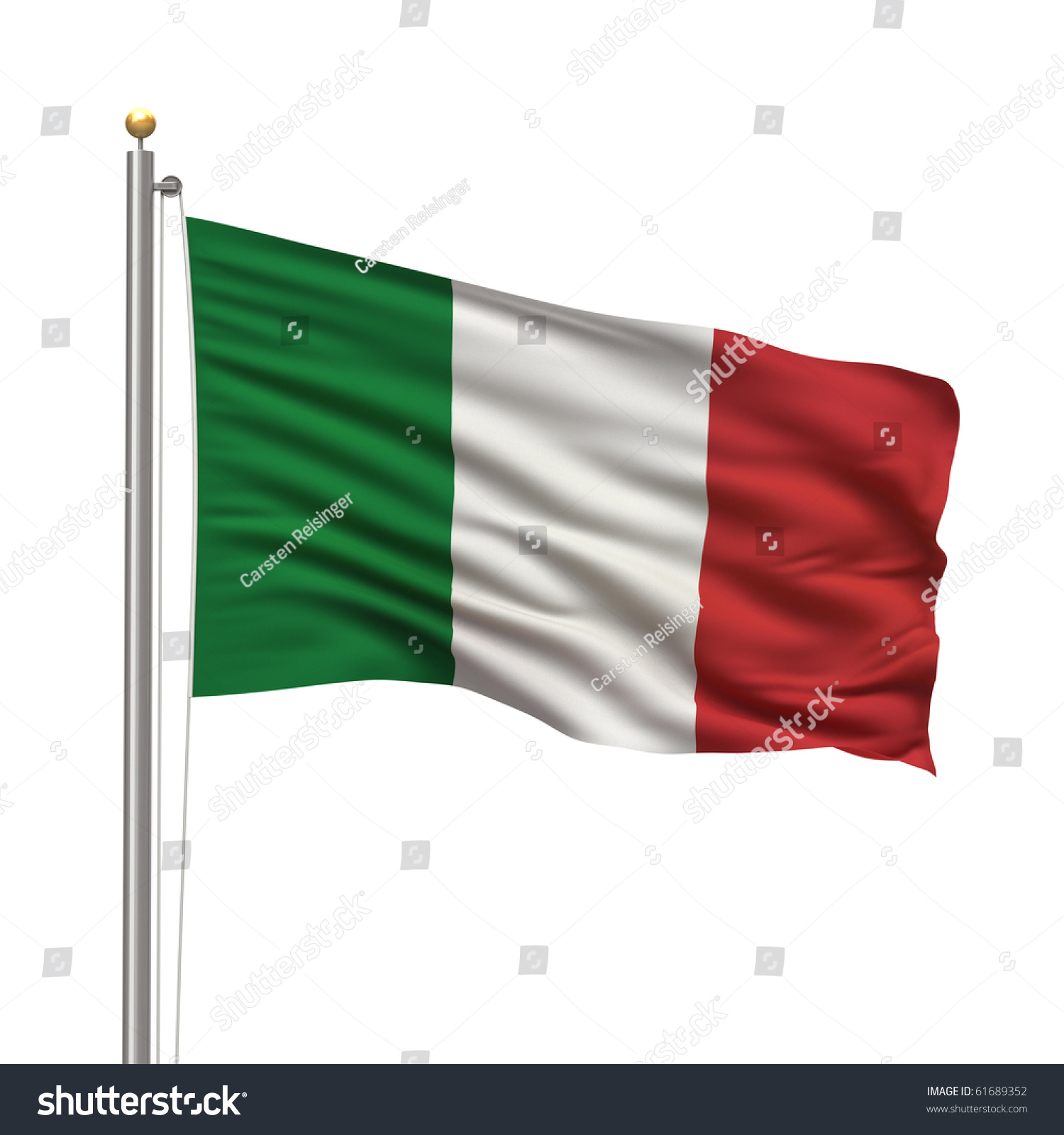 Flag Of Italy With Flag Pole Waving In The Wind Over White Background