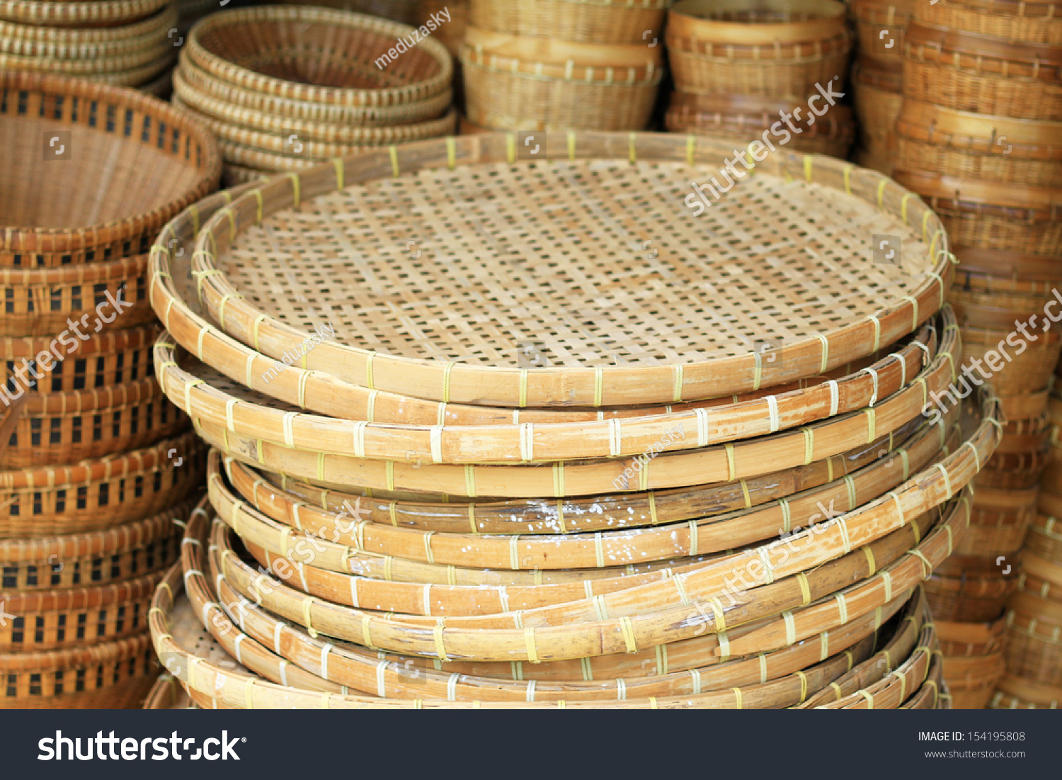 Flat Baskets Made From Bamboo Stacking For Sale Thailand Traditional