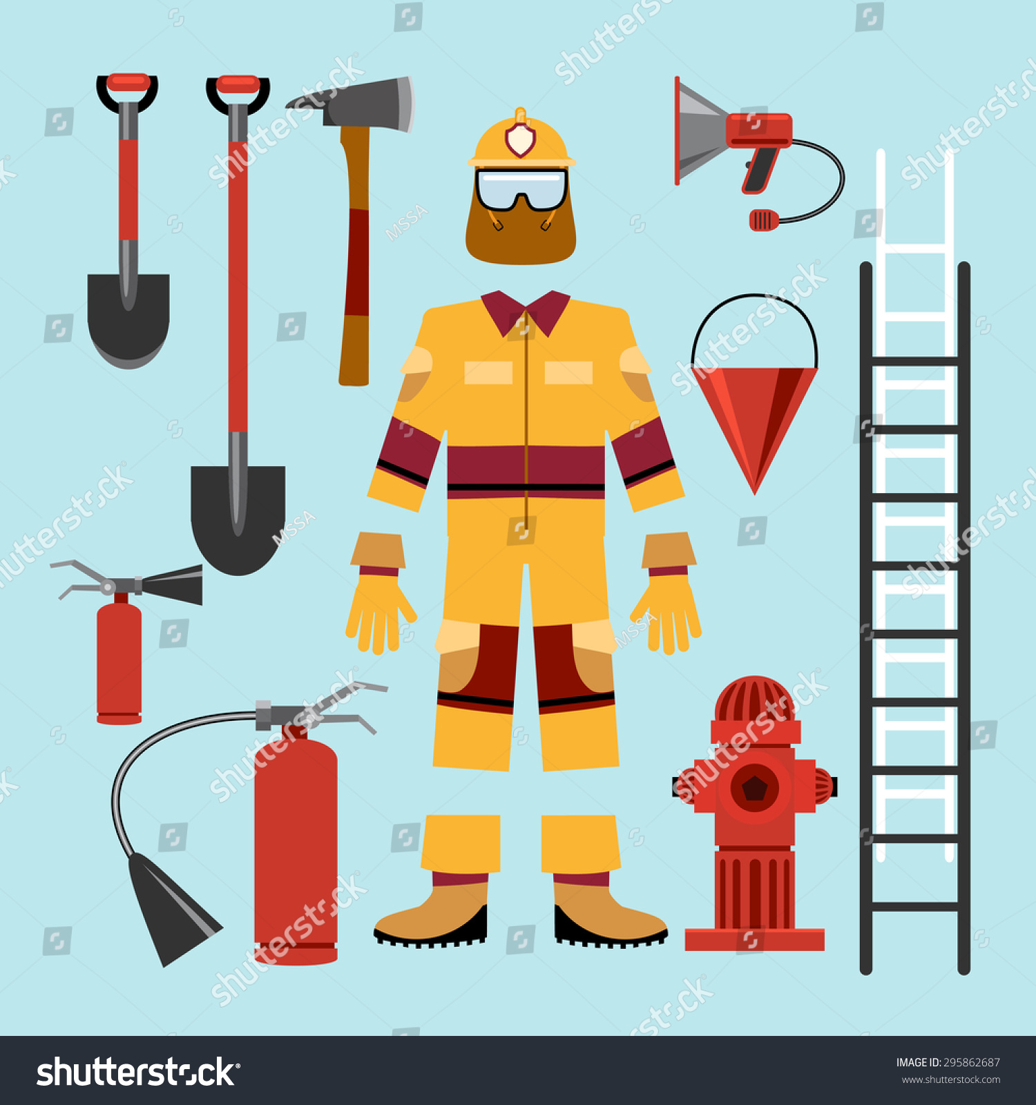 Flat Firefighter Uniform And Tools Equipment. Extinguisher And Hazmat ...