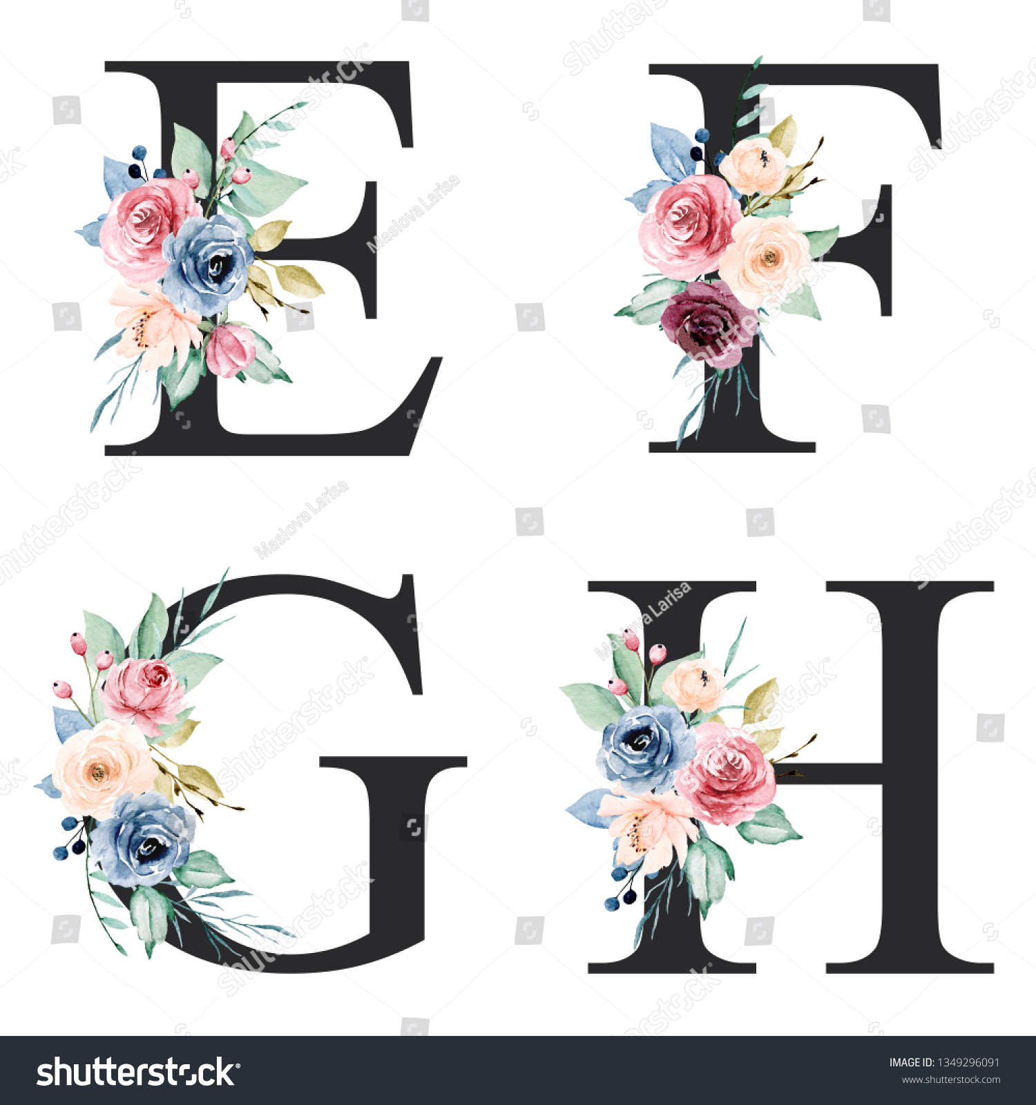 Floral Alphabet Letter E F G ilustración de stock 1349296091