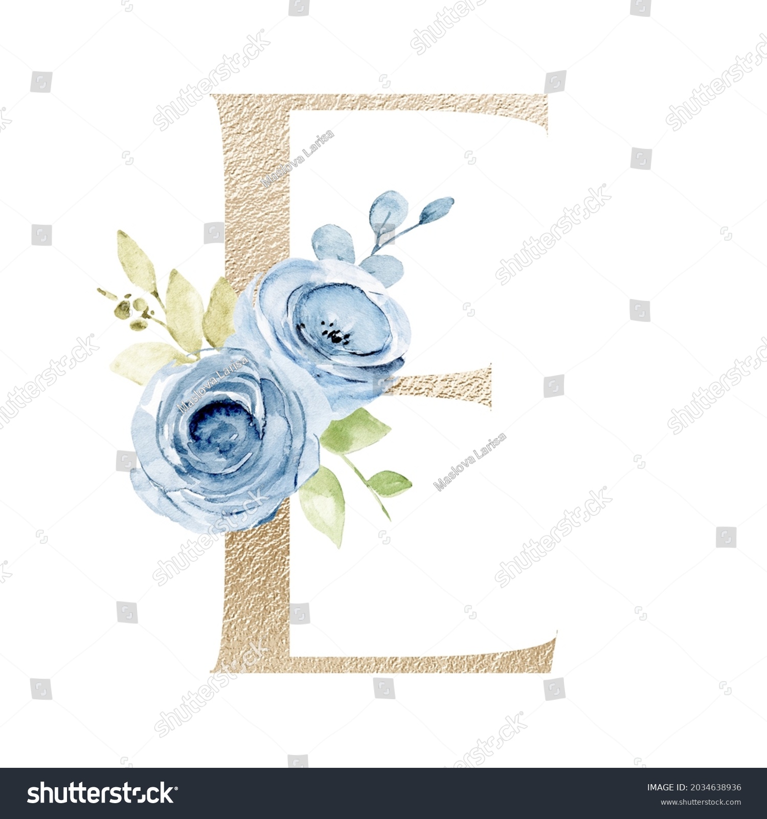 Floral Alphabet Letter E Watercolor Flowers Stock Illustration