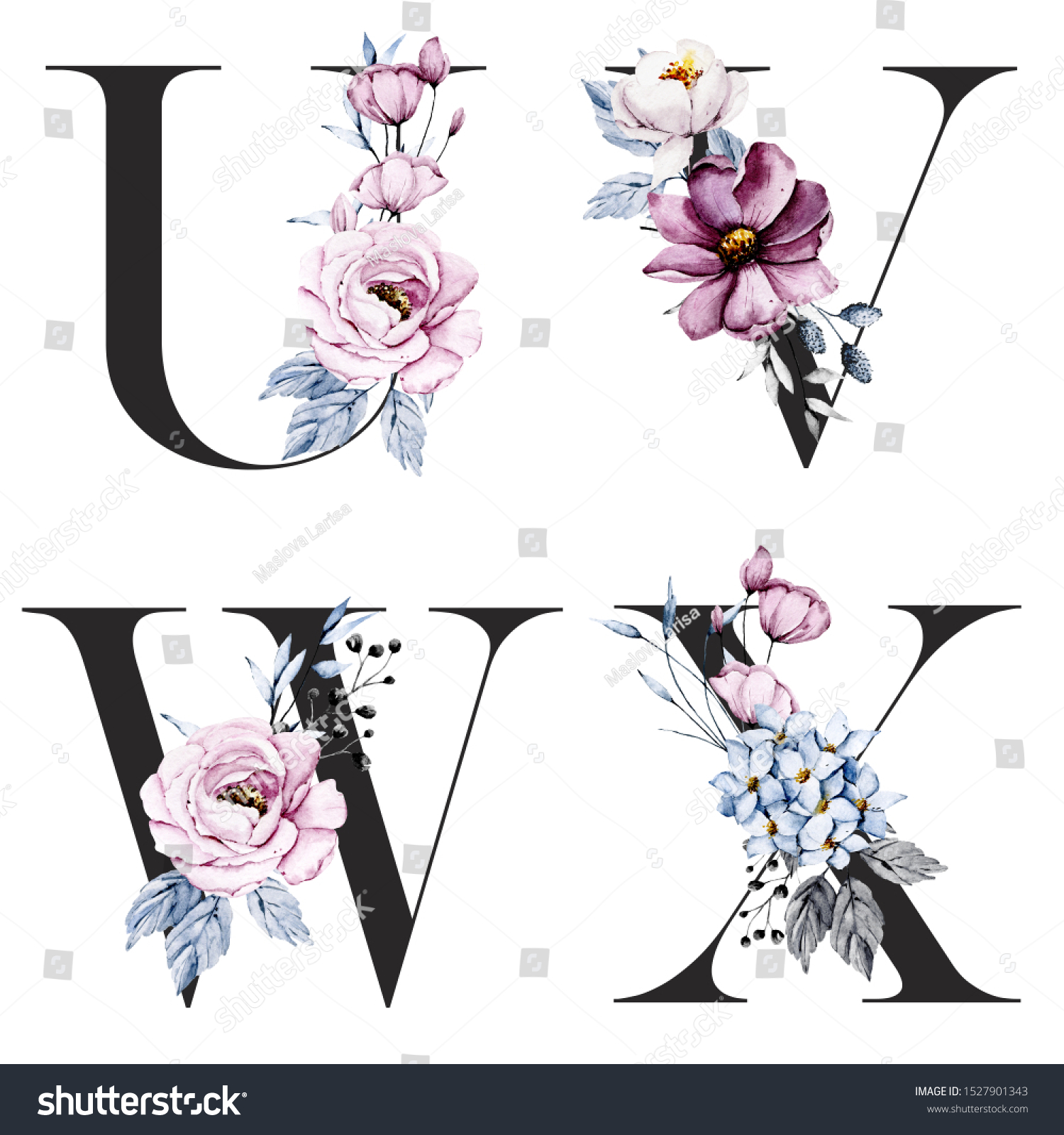 Floral Alphabet Letters Set Watercolor Flowers Stock Illustration Shutterstock