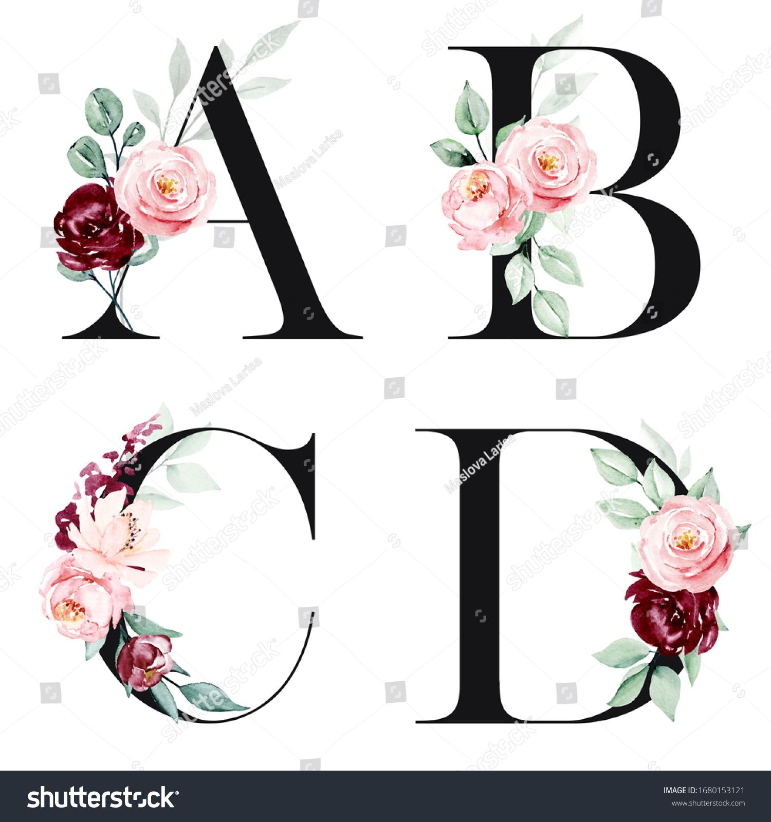 Floral Alphabet Letters Set Watercolor Flowers Ilustra Es Stock Shutterstock