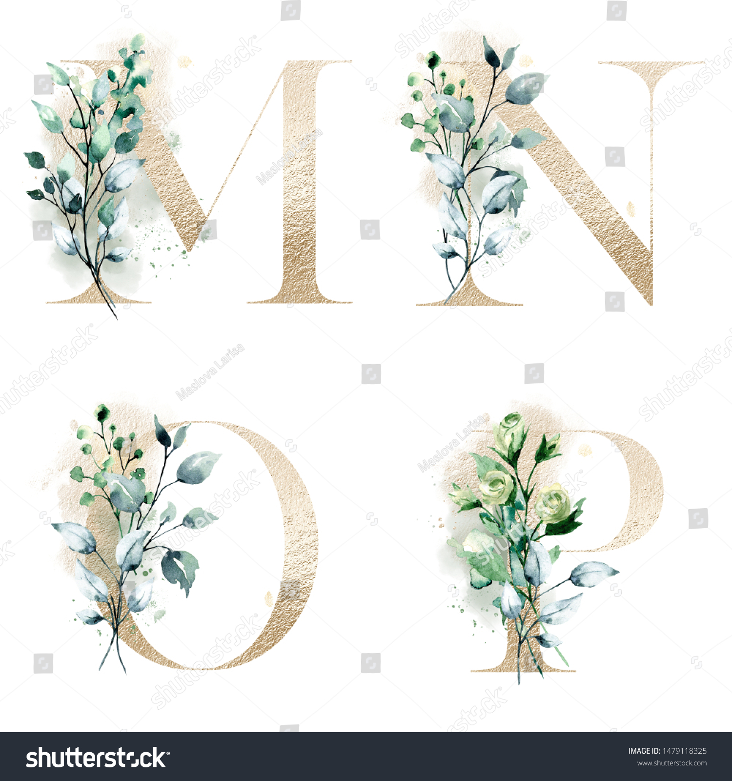 Floral Alphabet Letters Watercolor Flowers Leaf Stock Illustration