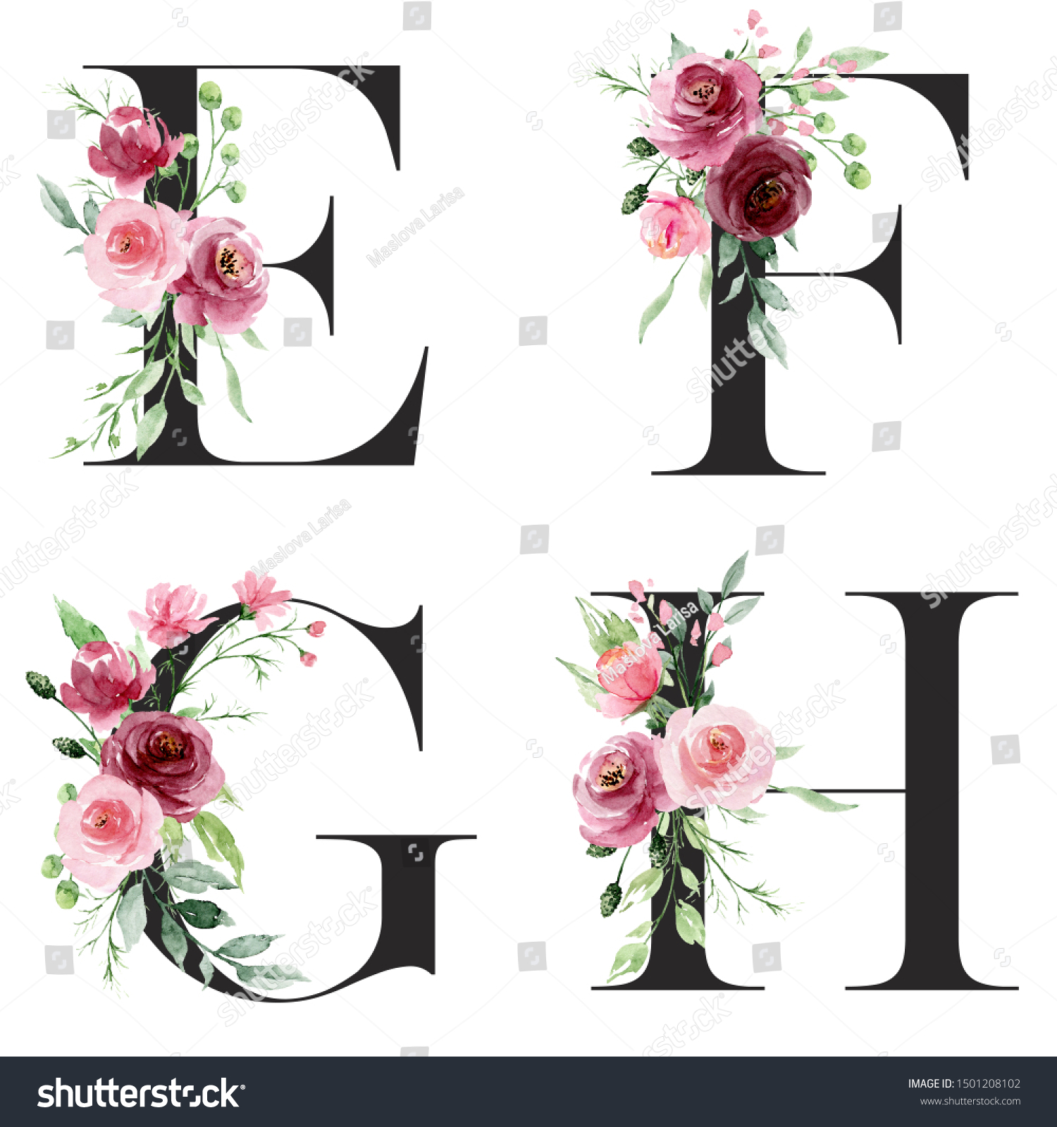 Floral Alphabet Letters Watercolor Pink Flowers Ilustra Es Stock Shutterstock