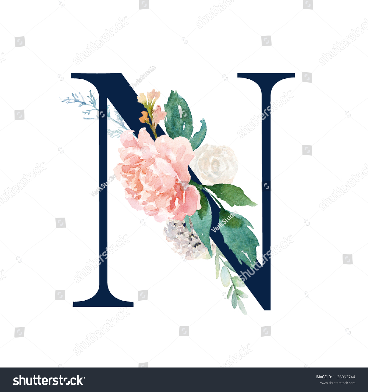 Floral Alphabet Navy Color Letter N ilustración de stock 1136093744