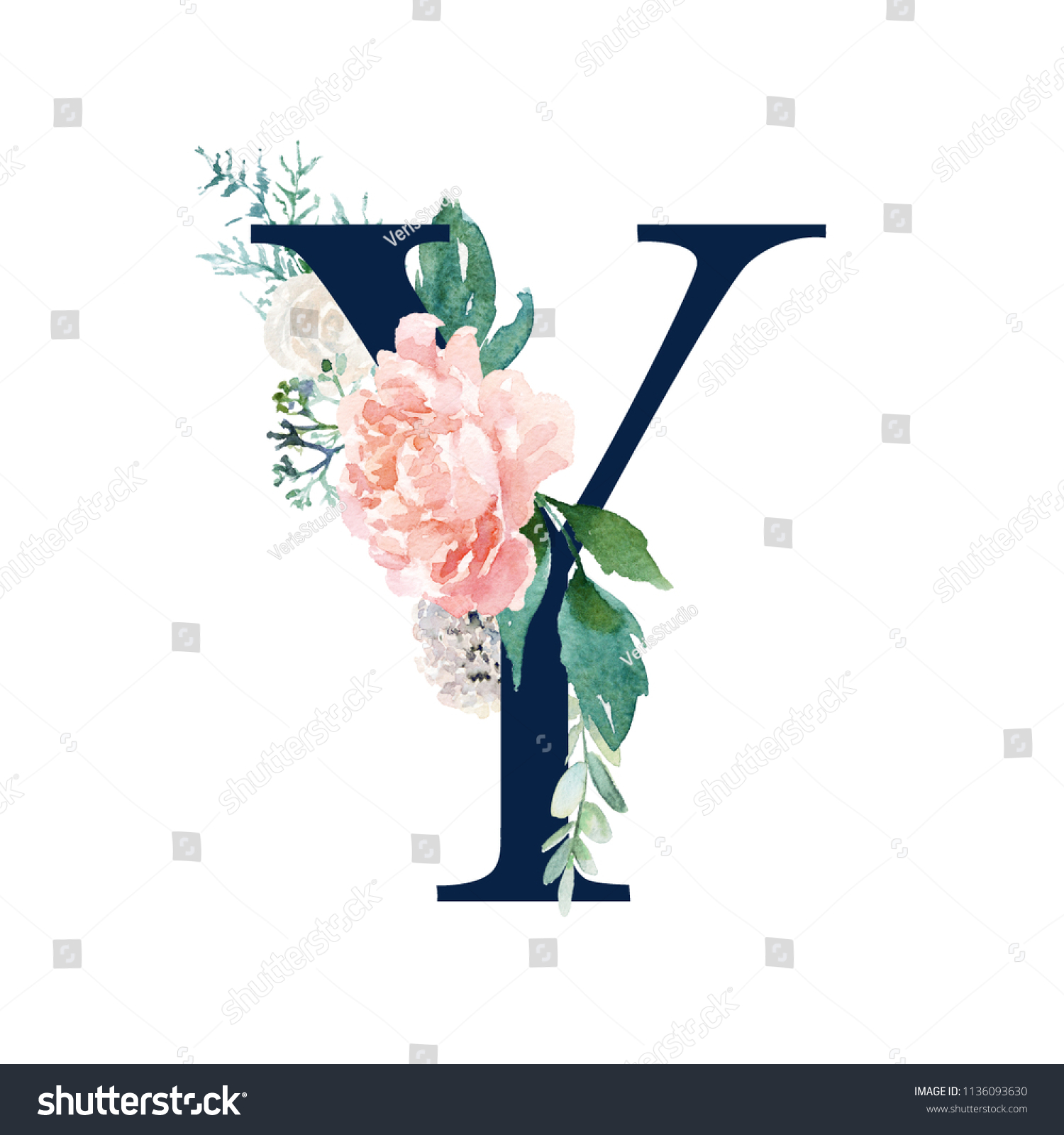 Floral Alphabet Navy Color Letter Y ilustración de stock 1136093630