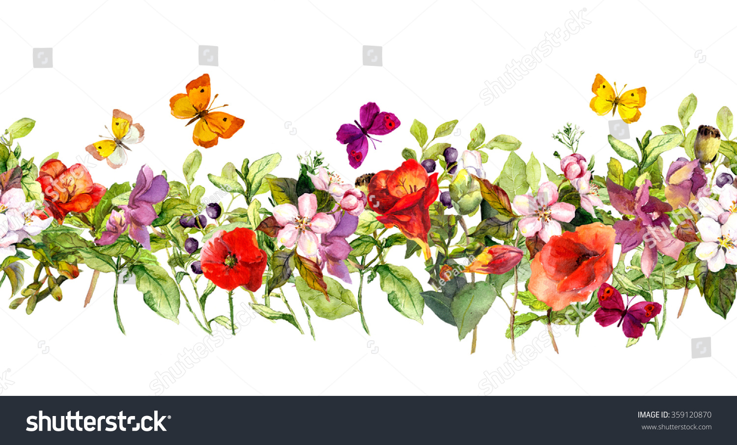 Floral Horizontal Border Watercolor Meadow Flowers Stock ...