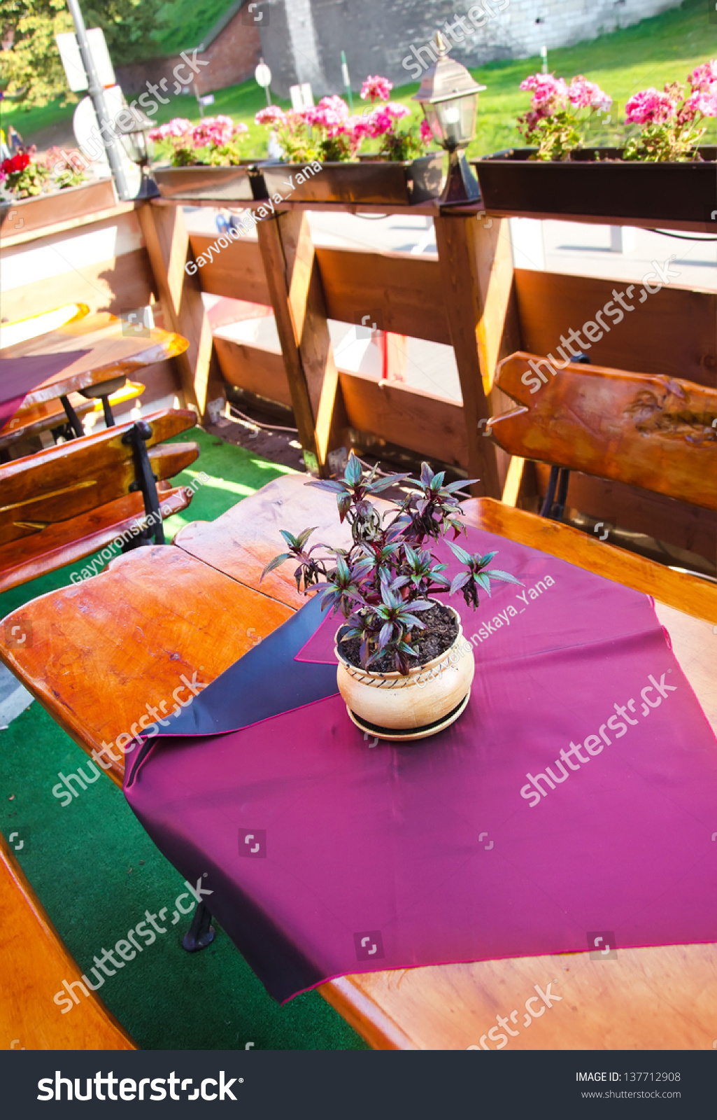 Flowerpot with lilac flowers in outdoor cafe Flowerpot with lilac flowers in outdoor cafe