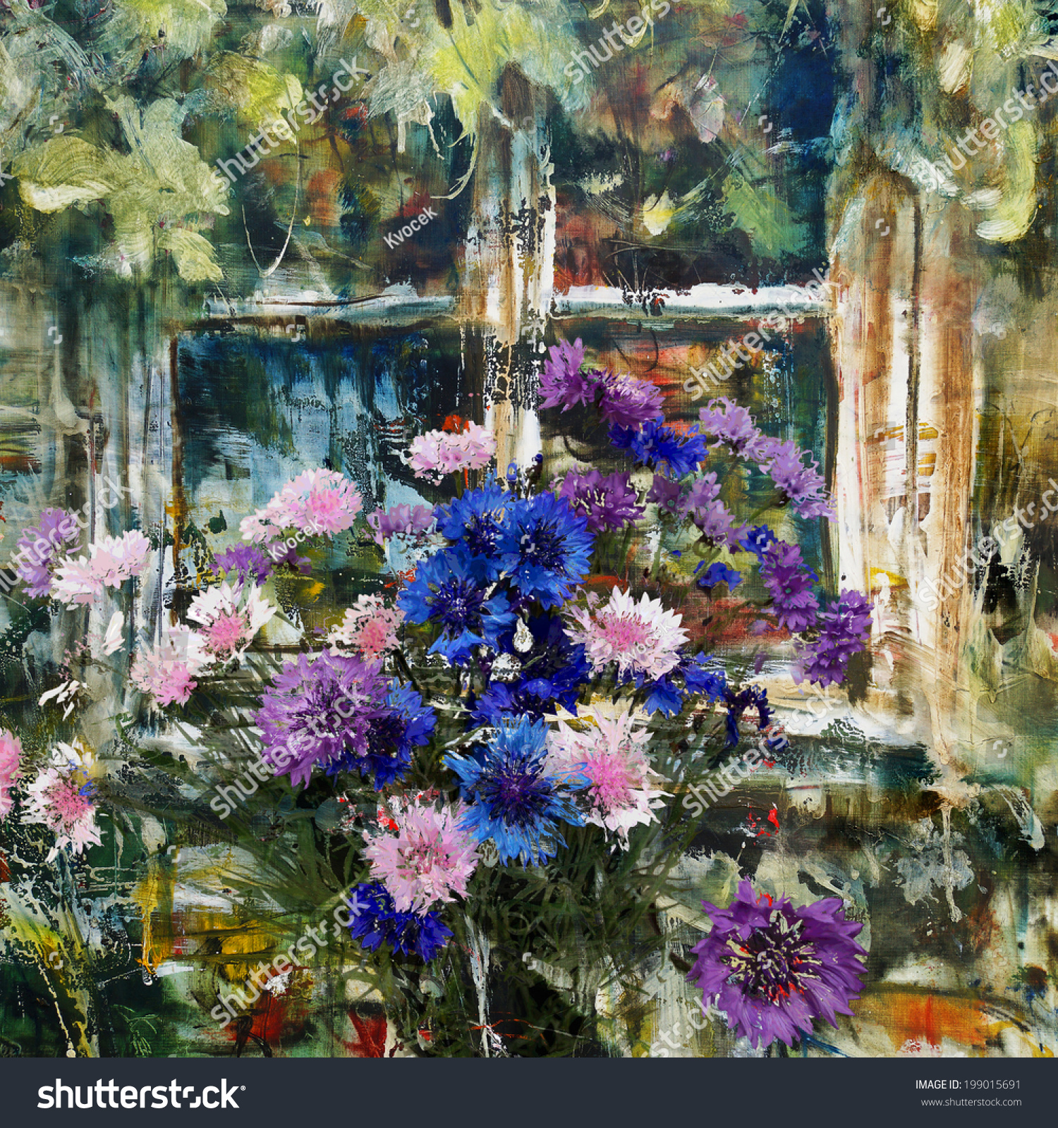 Flowers Window Oil Painting Mixed Media Stock Illustration 199015691